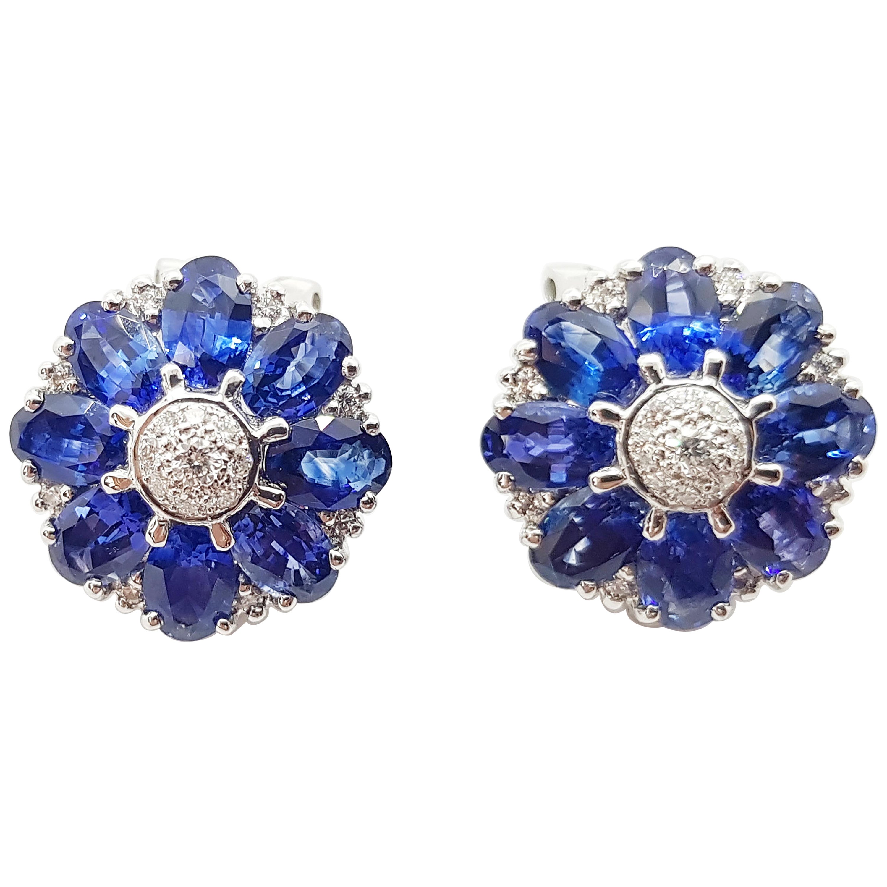 Blue Sapphire with Diamond Flower Earrings Set in 18 Karat White Gold Settings For Sale