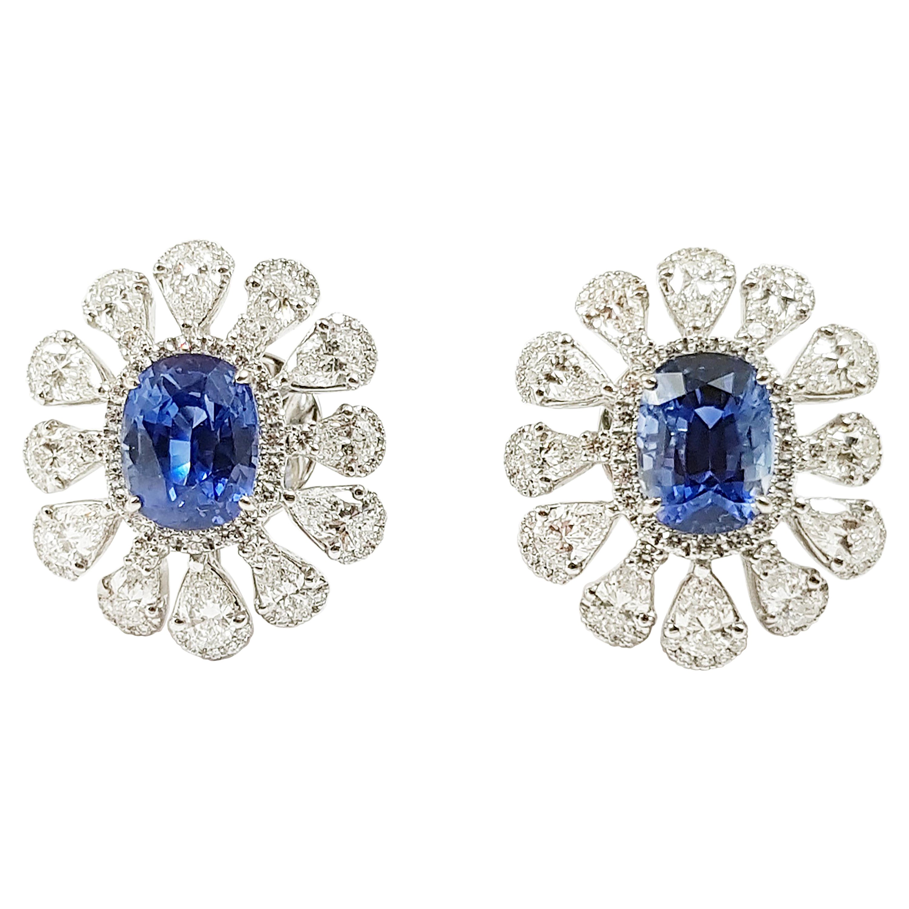 Blue Sapphire with Diamond Earrings set in Platinum 950 Settings For Sale