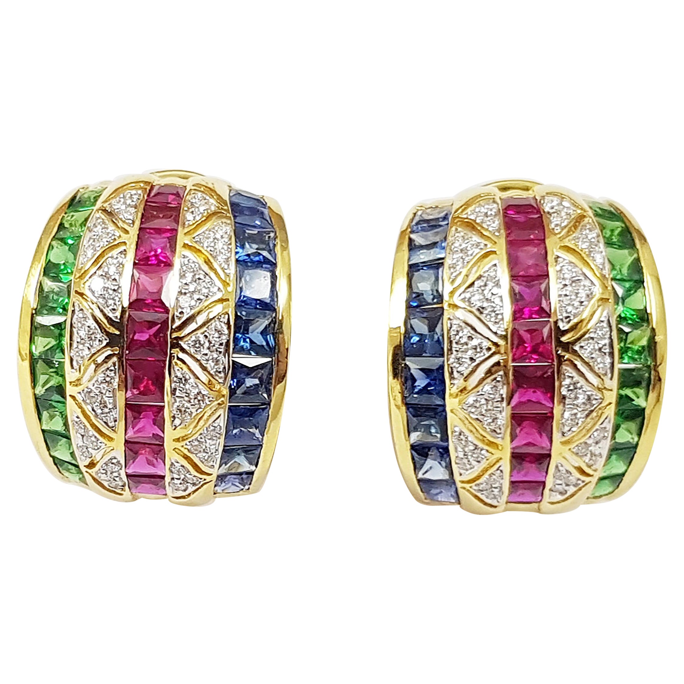 Ruby, Blue Sapphire and Tsavorite with Diamond Earrings Set in 18 Karat Gold For Sale