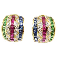 Orecchini con rubino, zaffiro blu e tsavorite e diamante in oro 18 carati