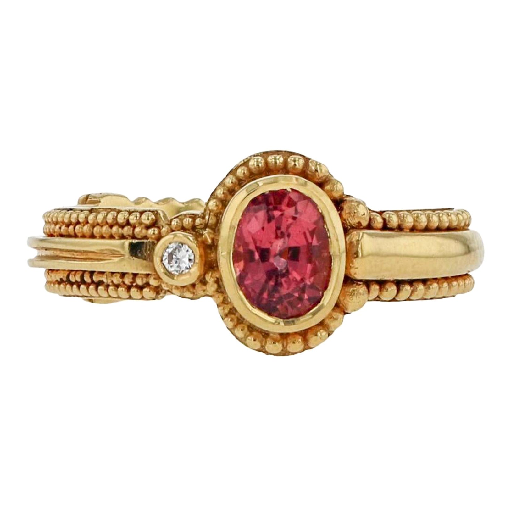 Kent Raible Ring aus 18 Karat Gold, rosa Turmalin und Diamant mit Goldgranulation