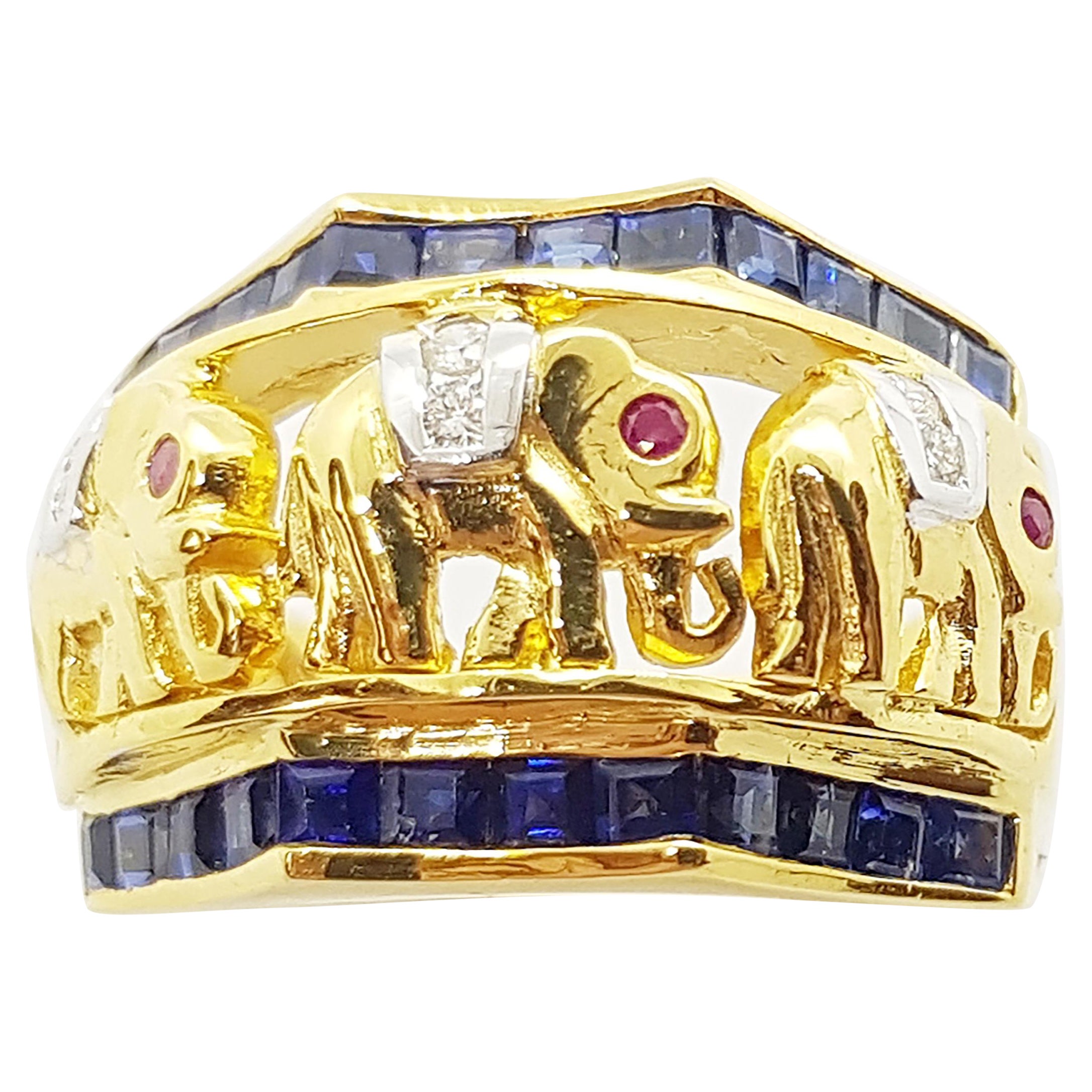 Blue Sapphire with Ruby and Diamond Elephant Ring Set in 18 Karat Gold Settings