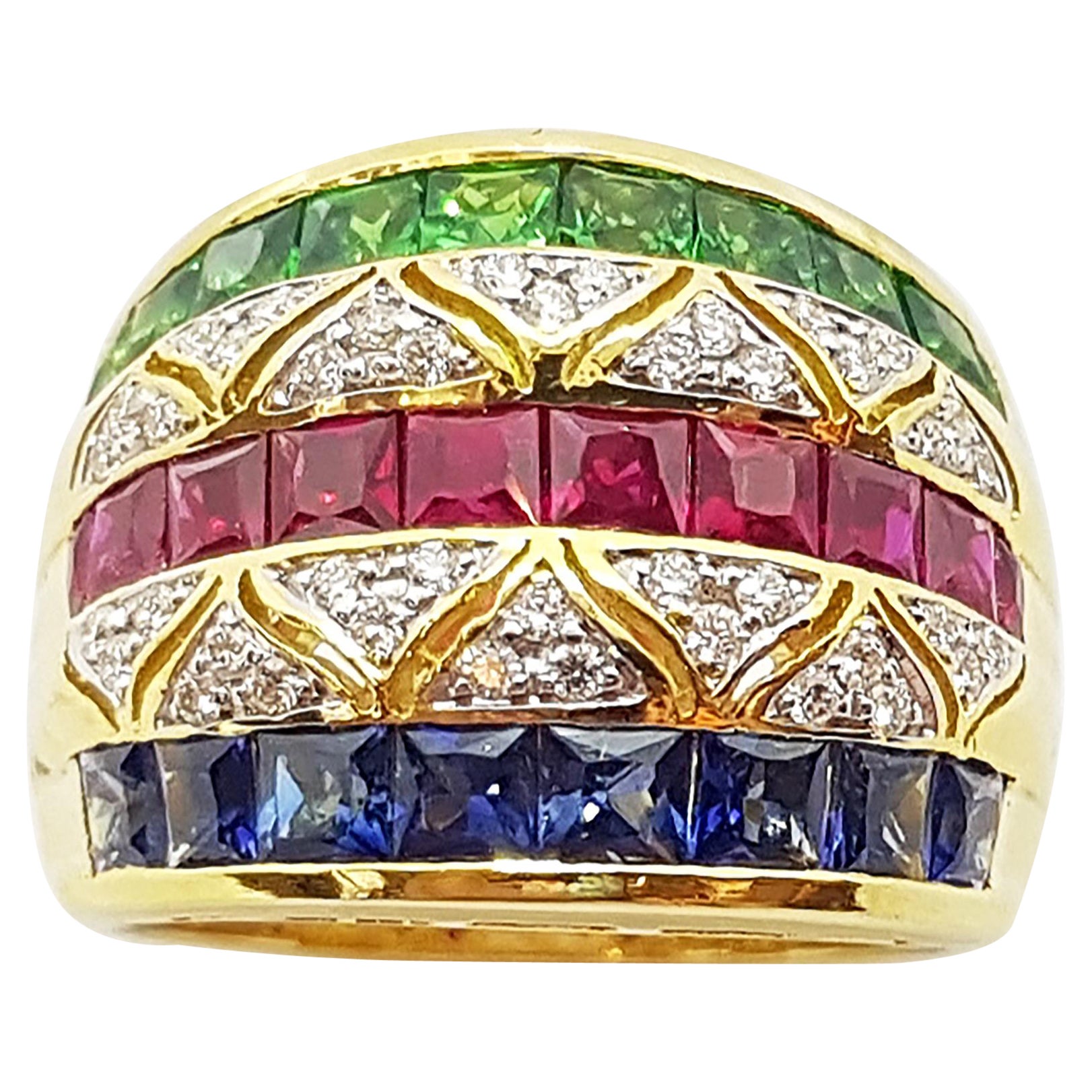 Ruby, Blue Sapphire and Tsavorite with Diamond Ring Set in 18 Karat Gold Setting