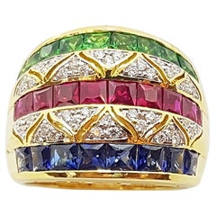 Ruby, Blue Sapphire and Tsavorite with Diamond Ring Set in 18 Karat Gold Setting