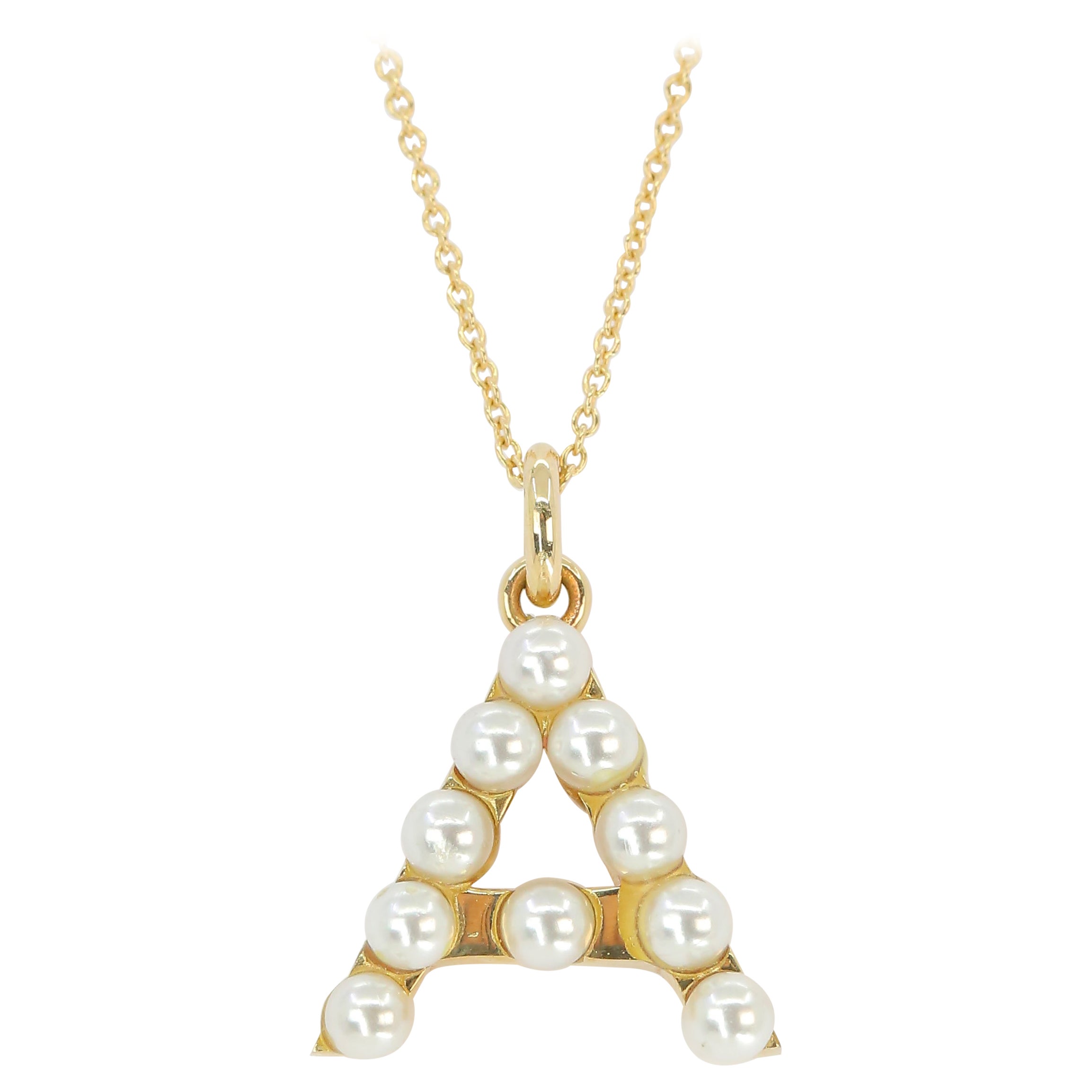 14K Gold and Pearl Initial Letter A Necklace For Sale