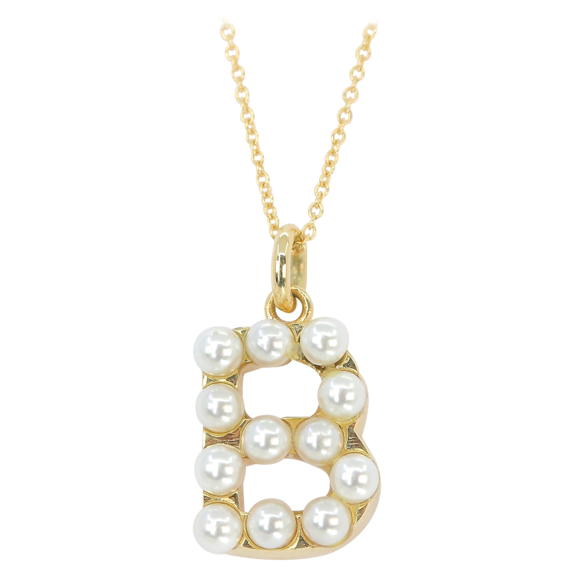 14K Gold- und Perlen-Halskette mit Initialen B im Angebot