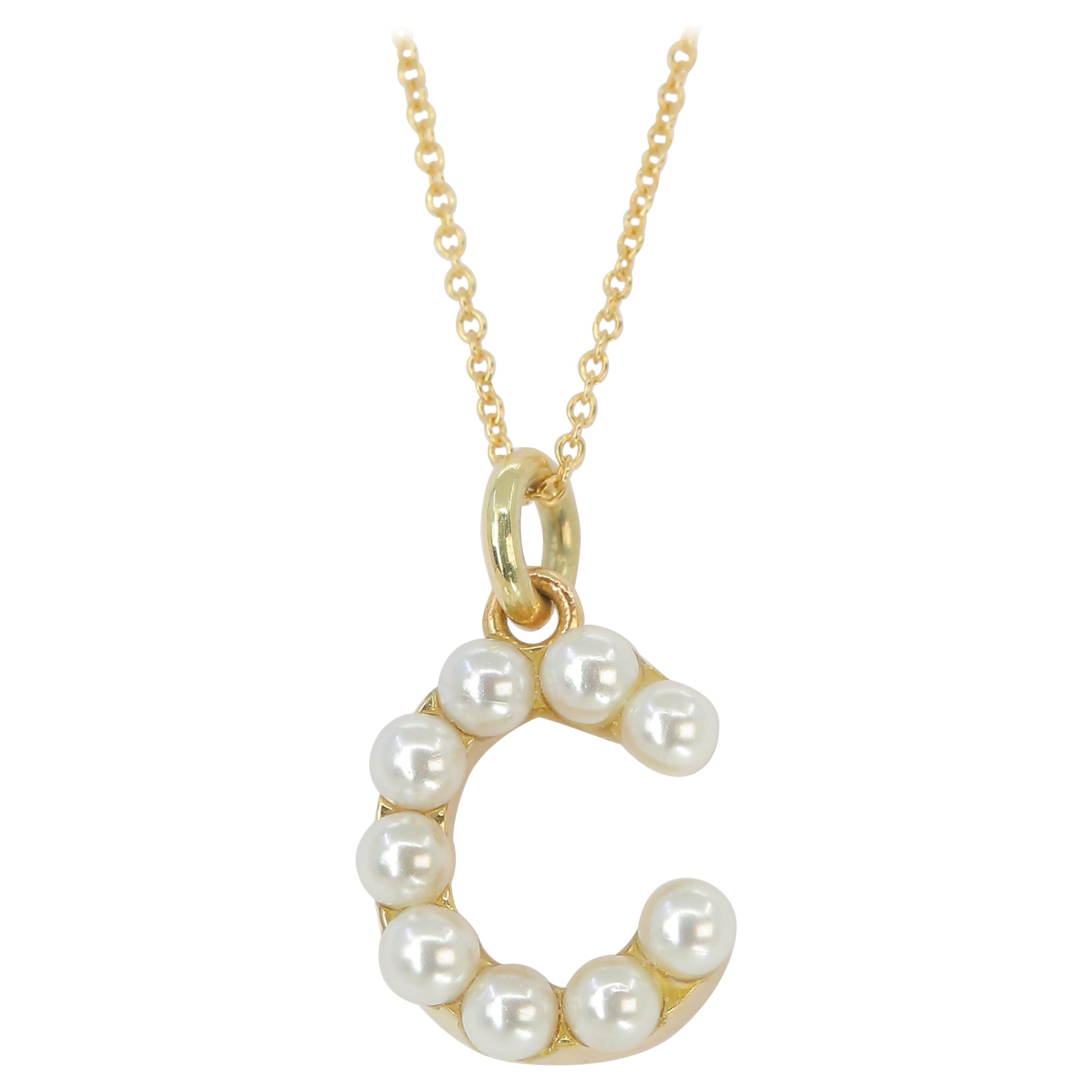 14K Gold and Pearl Initial Letter C Necklace For Sale