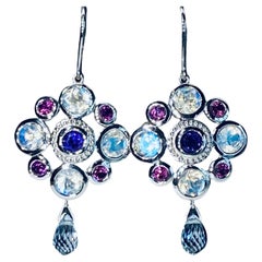 18kt White Gold Earrings with Moonstone, Garnet, Amethyst & Sapphire