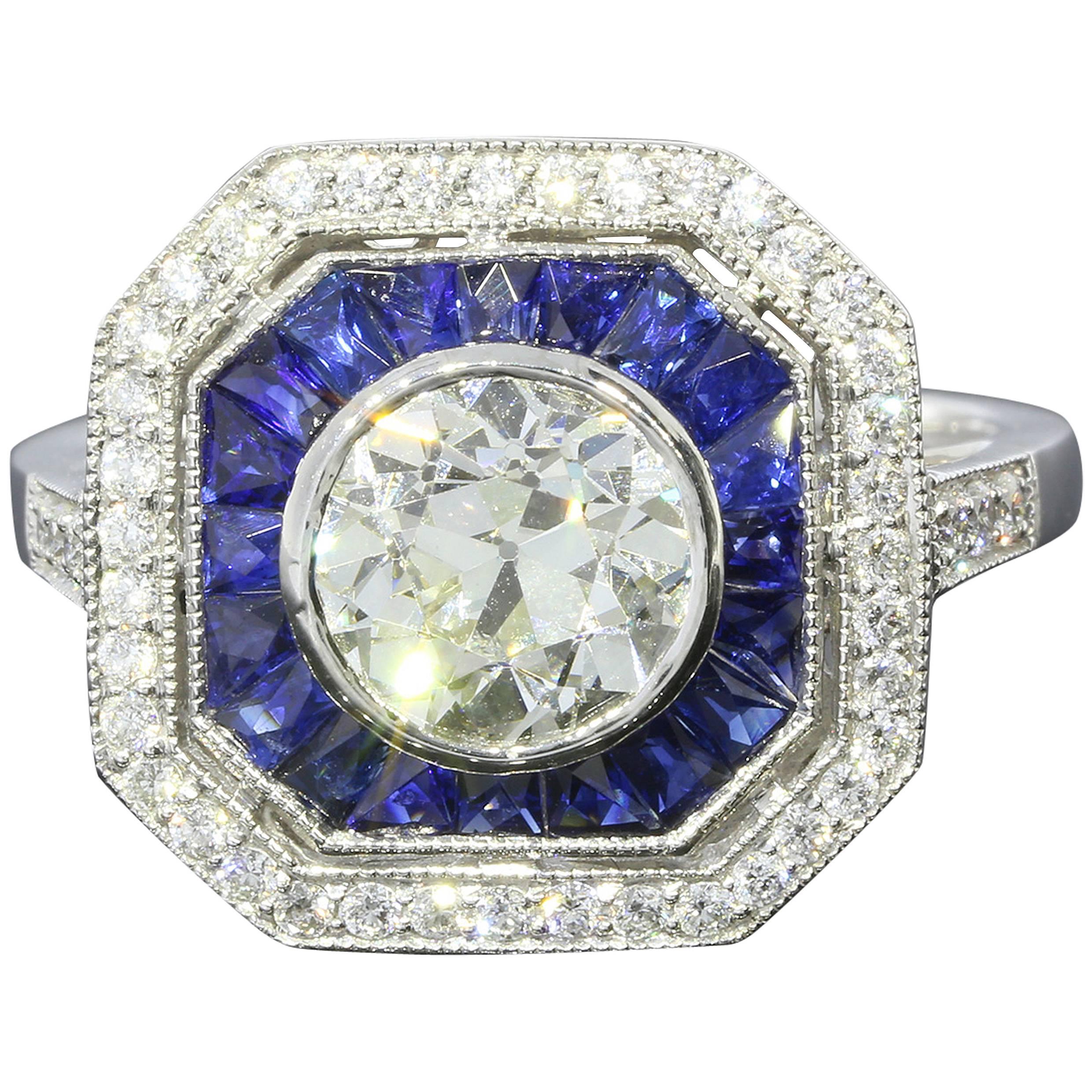 Stunning Art Deco Old European Diamond Sapphire Platinum Halo Ring