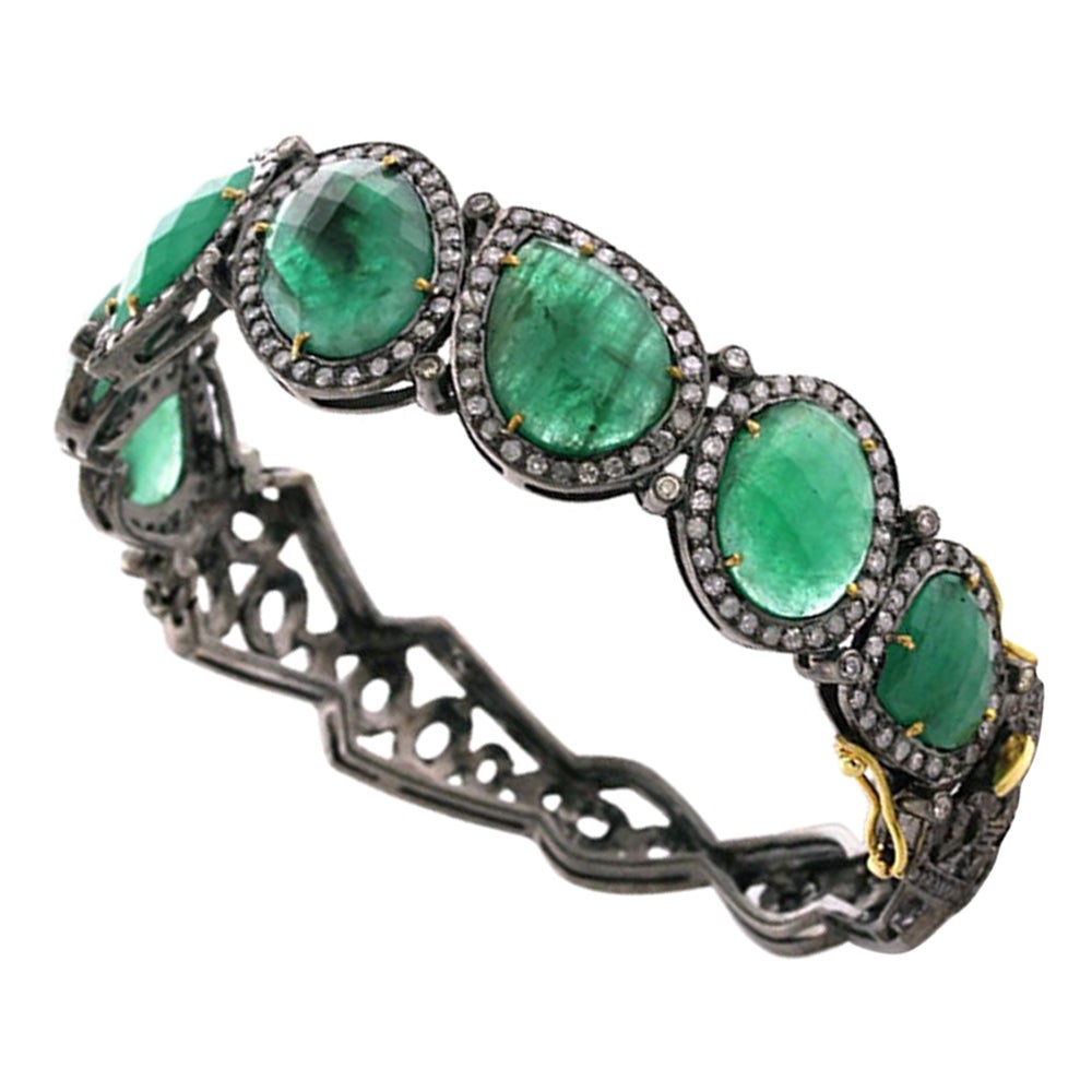 Designer Bangle with Green Emerald and Pave Diamonds Made in 18k Gold & Silver For Sale