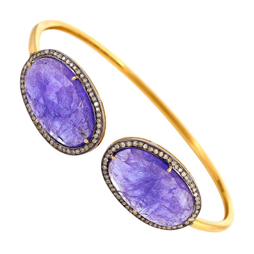 Tanzanite Stone with Pave Diamond Set Bracelet Made in 18k Gold & Silver For Sale