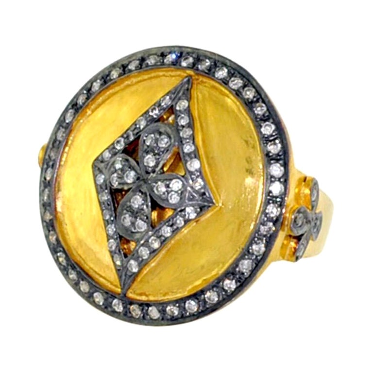 Ethnic Style Cocktail Ring with Pave Diamonds Made in 14k Gold For Sale