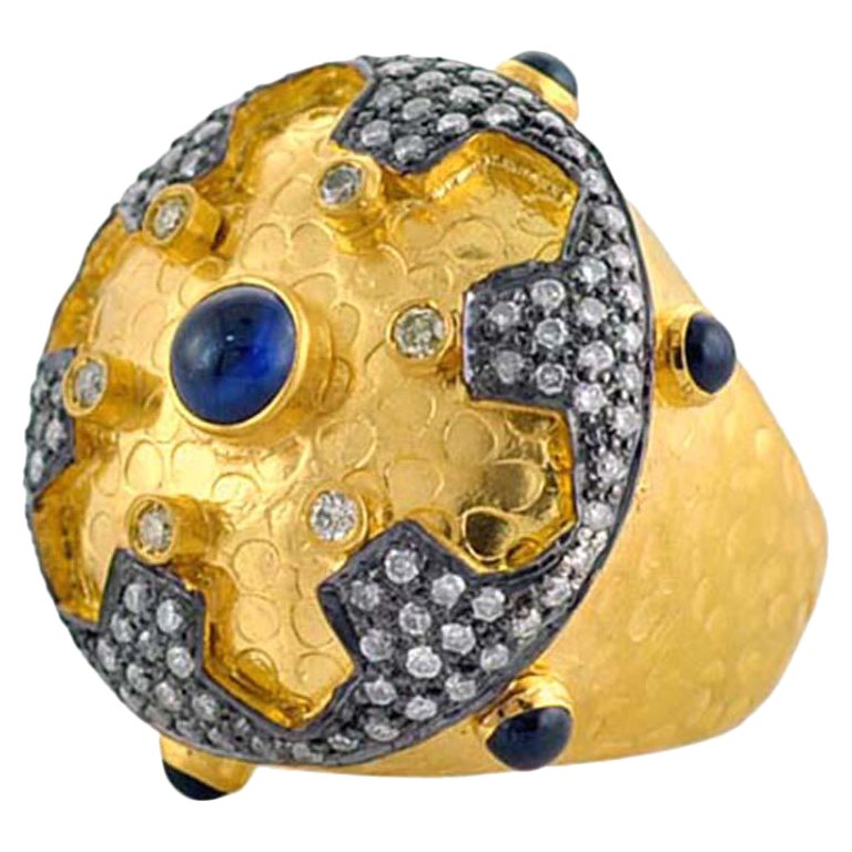 Ethnic Style Ornamental Design Ring with Sapphire & Diamonds Made in 18k Gold