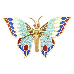 Vintage Spanish Plique-a-Jour and Ruby 18k Yellow Gold Butterfly Brooch