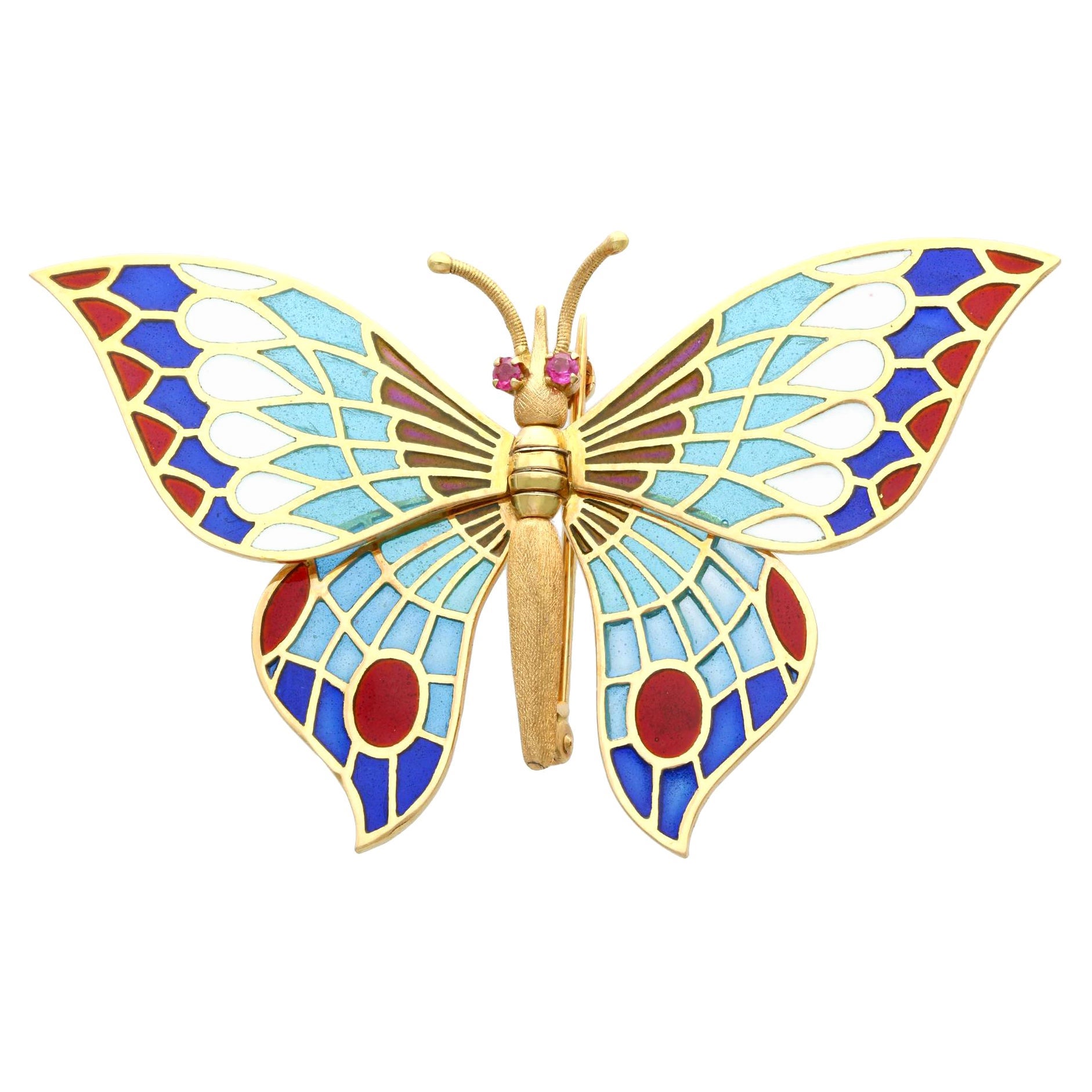 Vintage Spanish Plique-a-Jour and Ruby 18k Yellow Gold Butterfly Brooch For Sale