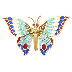 Retro Spanish Plique-a-Jour and Ruby 18k Yellow Gold Butterfly Brooch