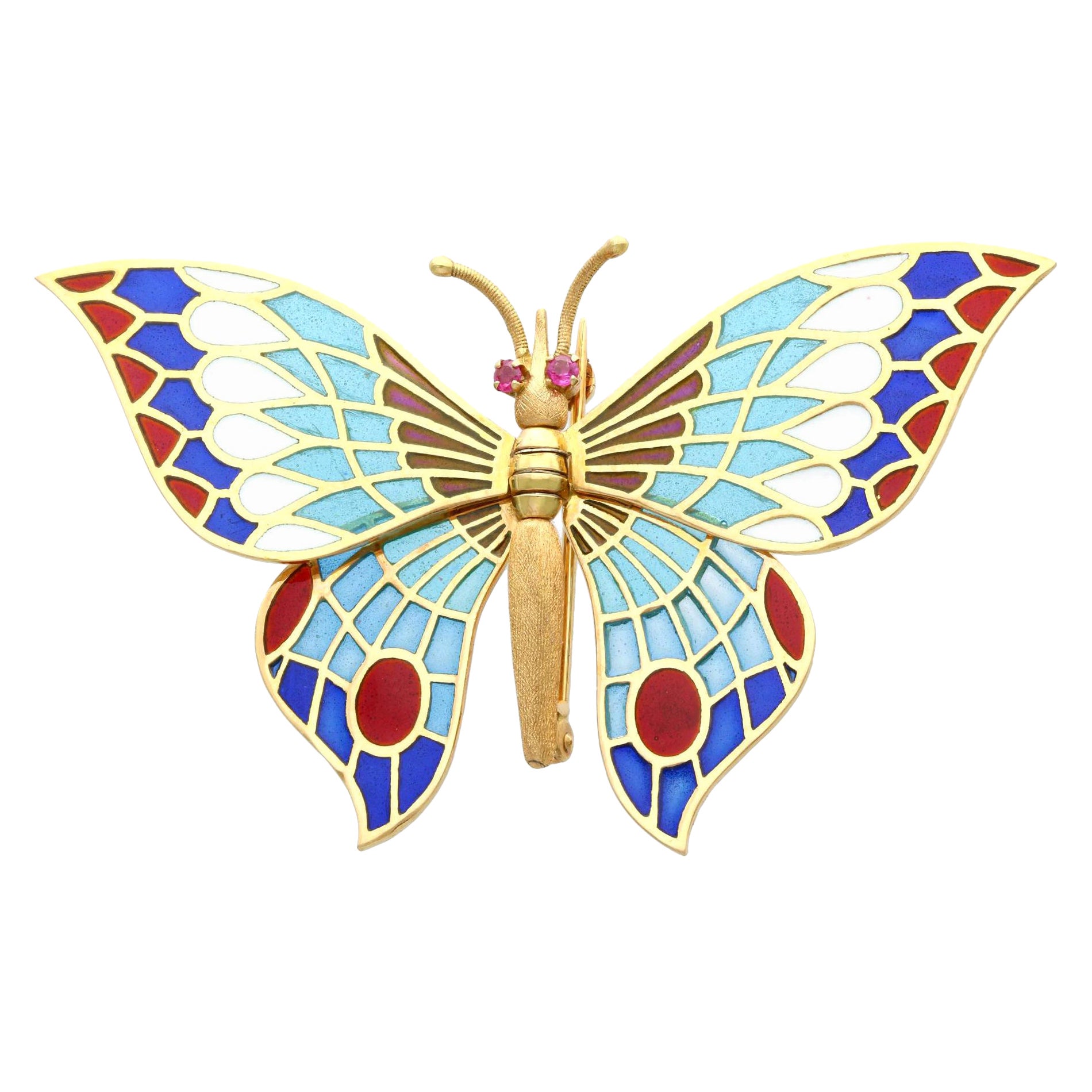 Broche mariposa vintage español de oro amarillo de 18k con plique y rubí