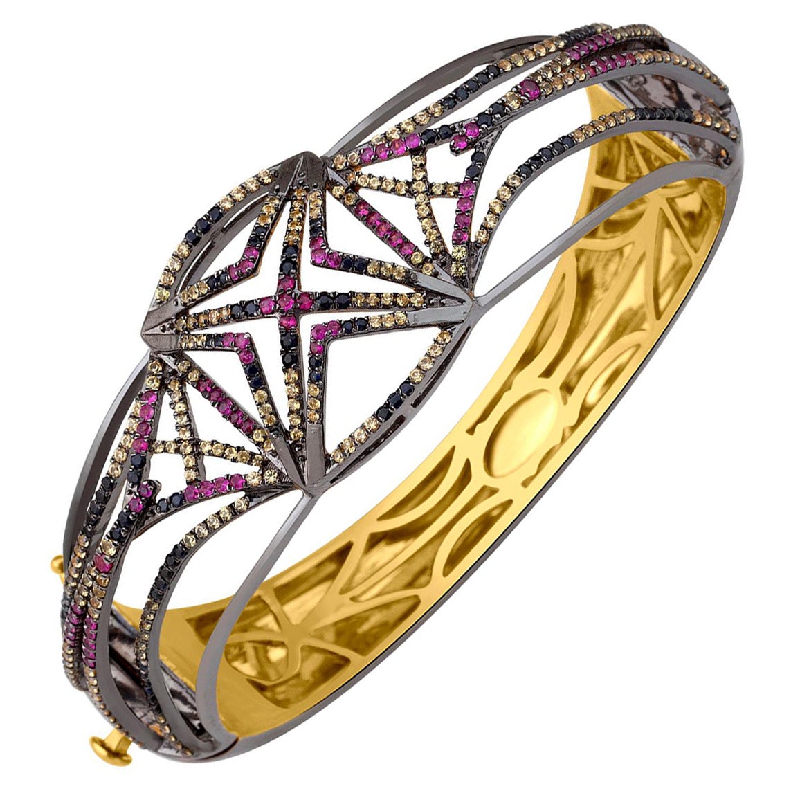 Armband im Ornament-Stil mit Rubin- und Saphirsteinen in Pavé-Fassung