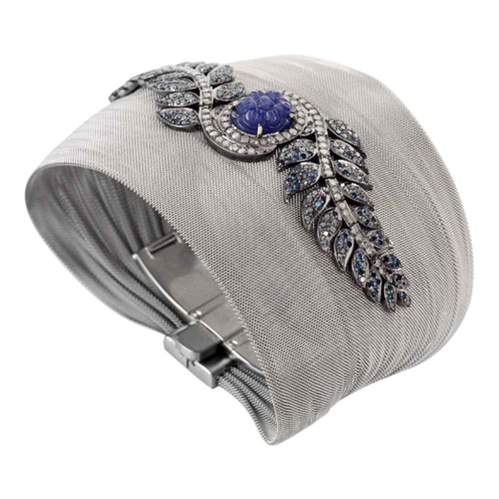 Carved Blue Sapphire With Blue & White Pave Diamonds Steel Mesh Cuff