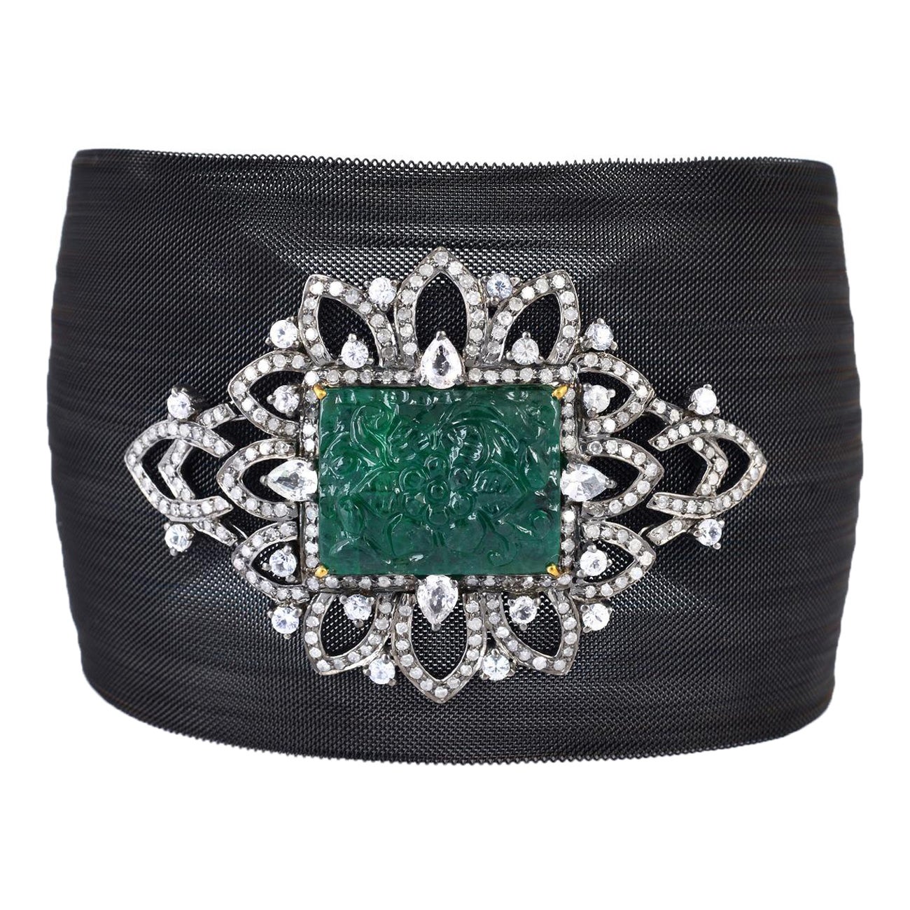 Steel Cuff with Carved Emerald, Sapphire & Diamonds Made in 18k Gold & Silver For Sale