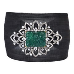 Steel Cuff with Carved Emerald, Sapphire & Diamonds Made in 18k Gold & Silver