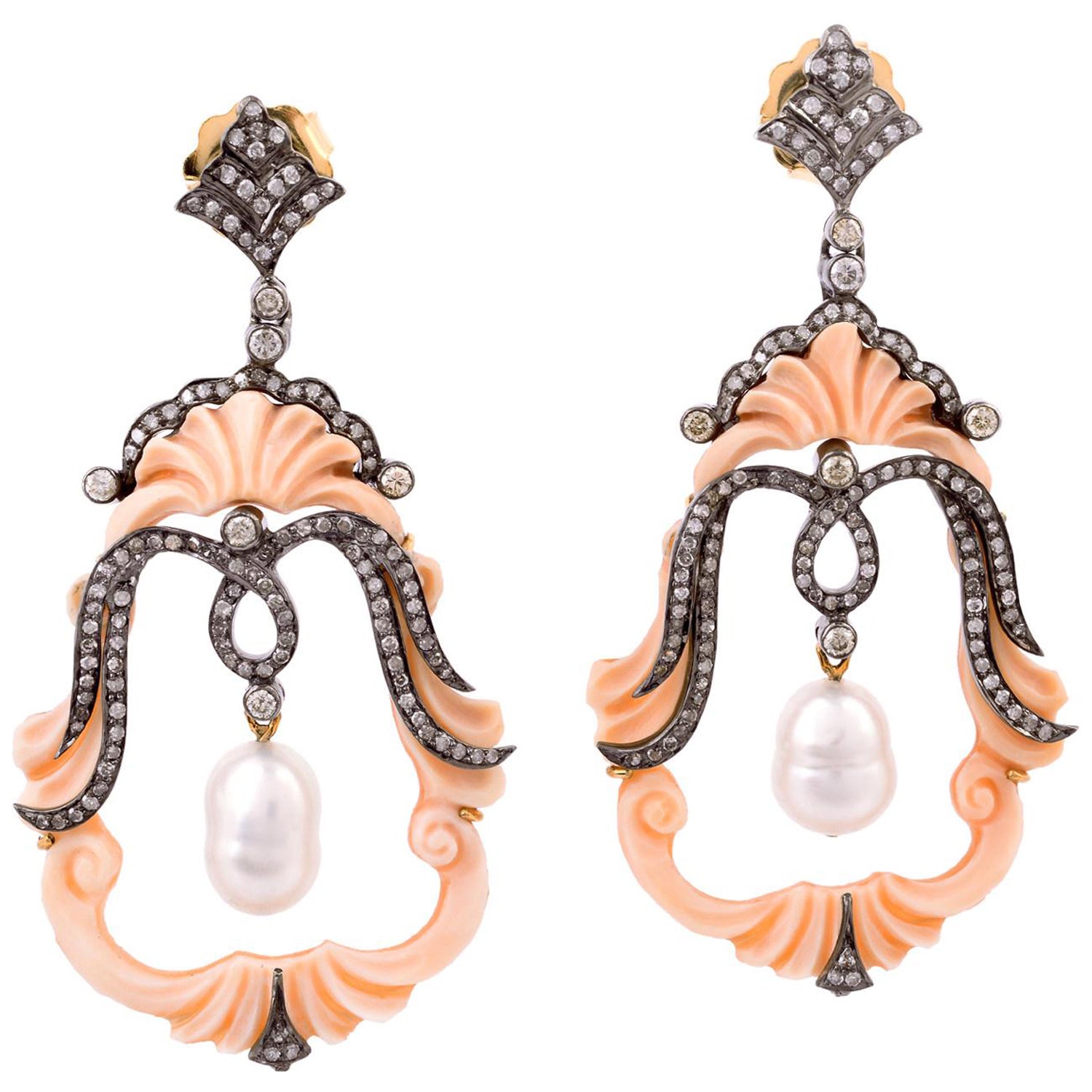 Dangle Earring with Shell Cameo & Pearl with Pave Diamonds Made in Gold & Silver For Sale