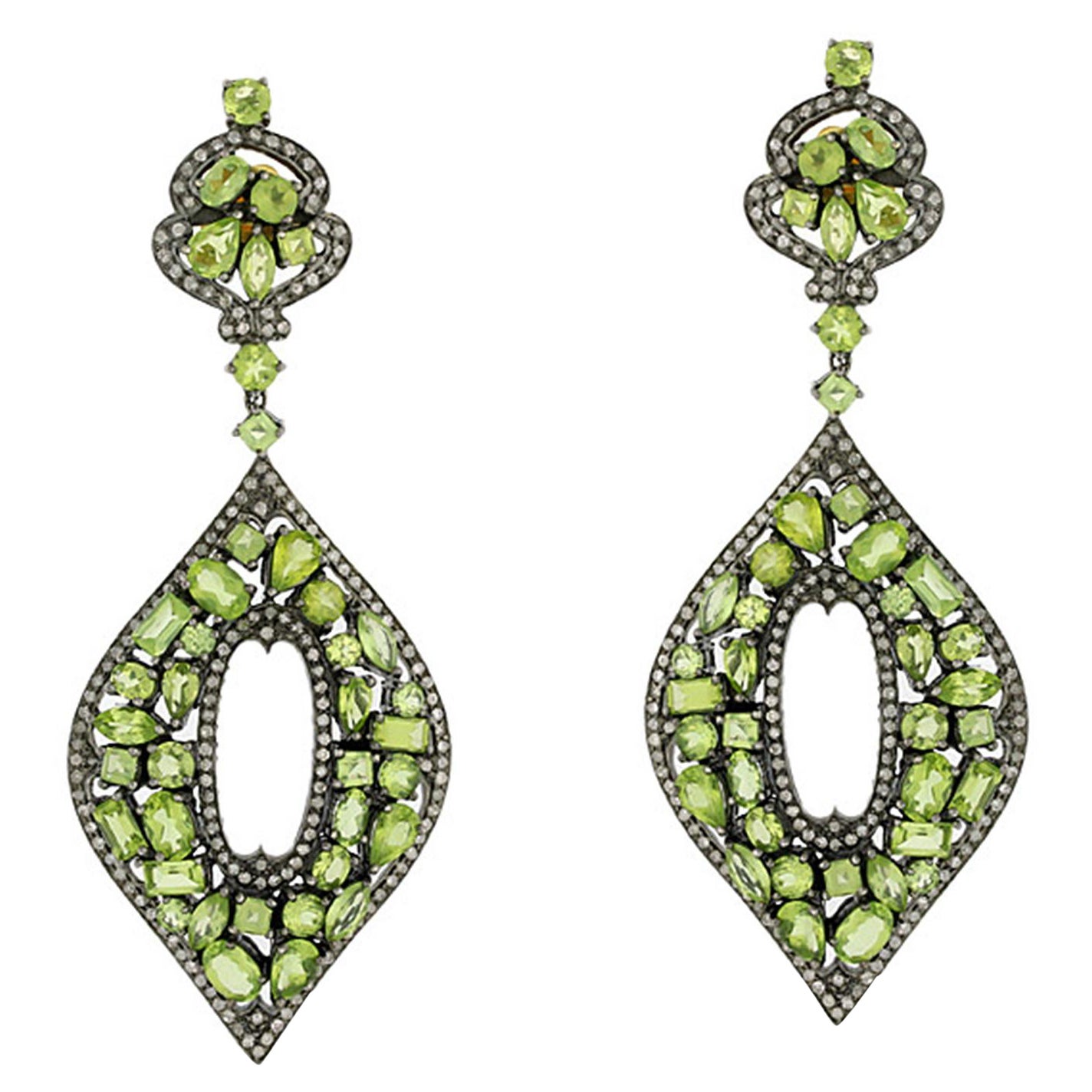 Marquise Shaped Peridot & Diamonds Earrings Made in 18k Yellow Gold & Silver