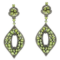 Marquise Shaped Peridot & Diamonds Earrings Made in 18k Yellow Gold & Silver