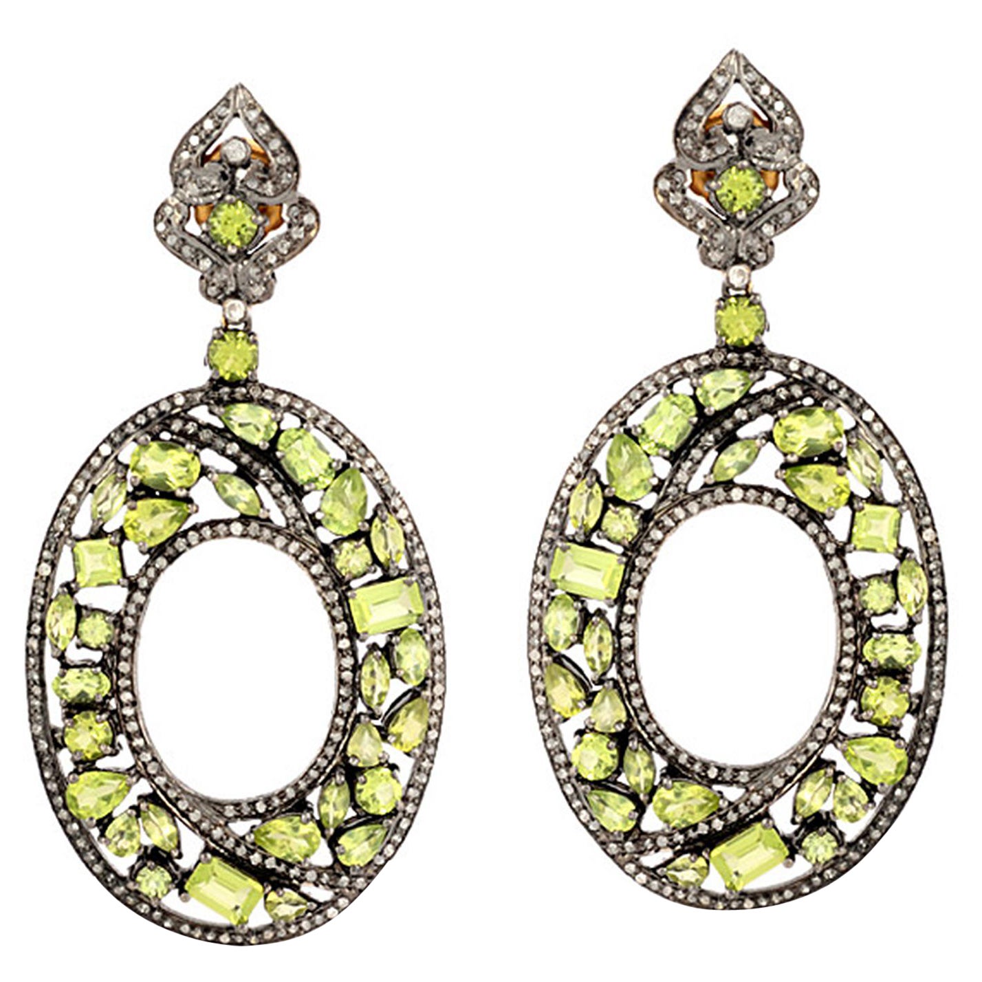 Mixed Shaped Peridot Earrings with Diamonds Made in 18k Yellow Gold & Silver For Sale