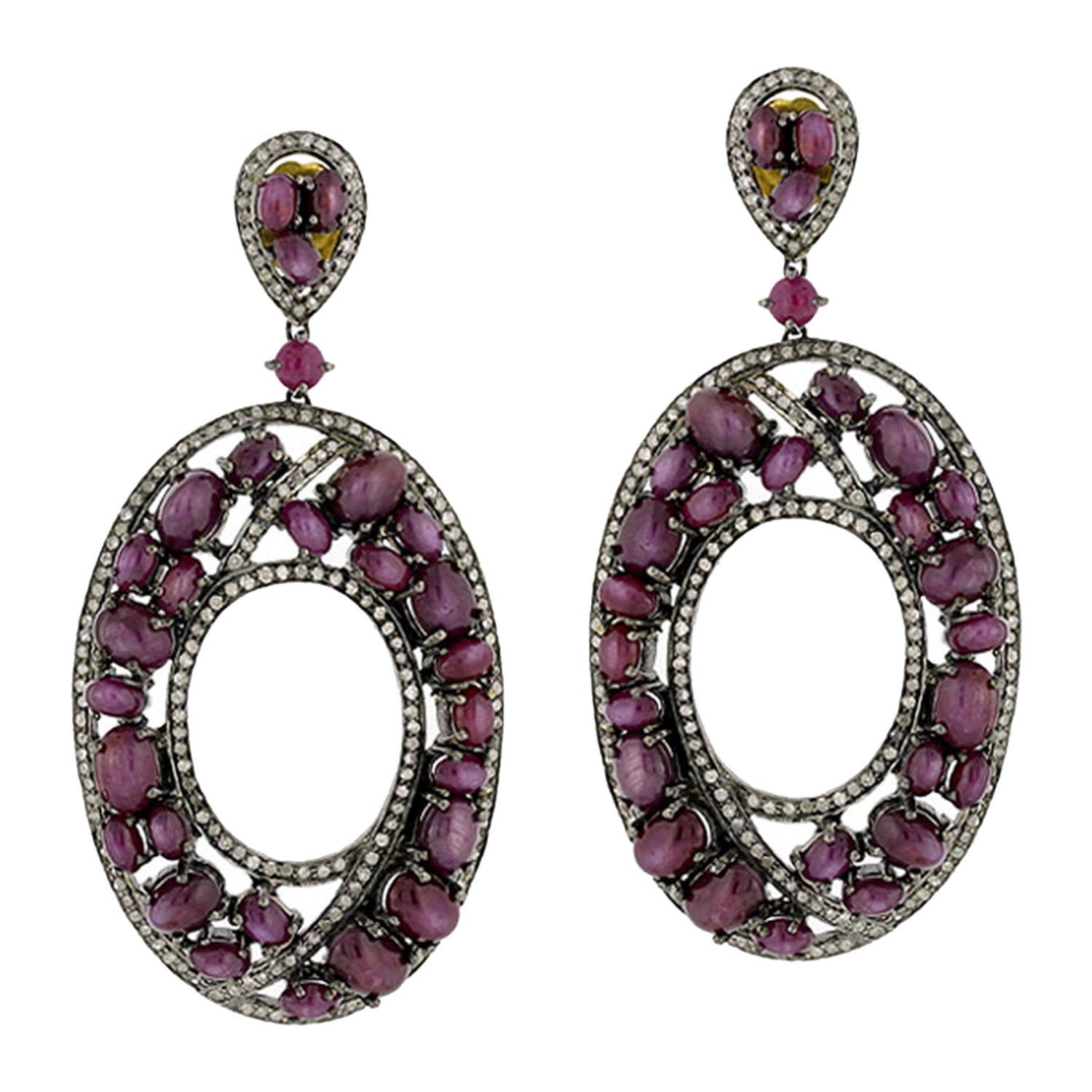 Ruby Earrings Set Caged in Pave Diamonds Made in 18k Yellow Gold & Silver