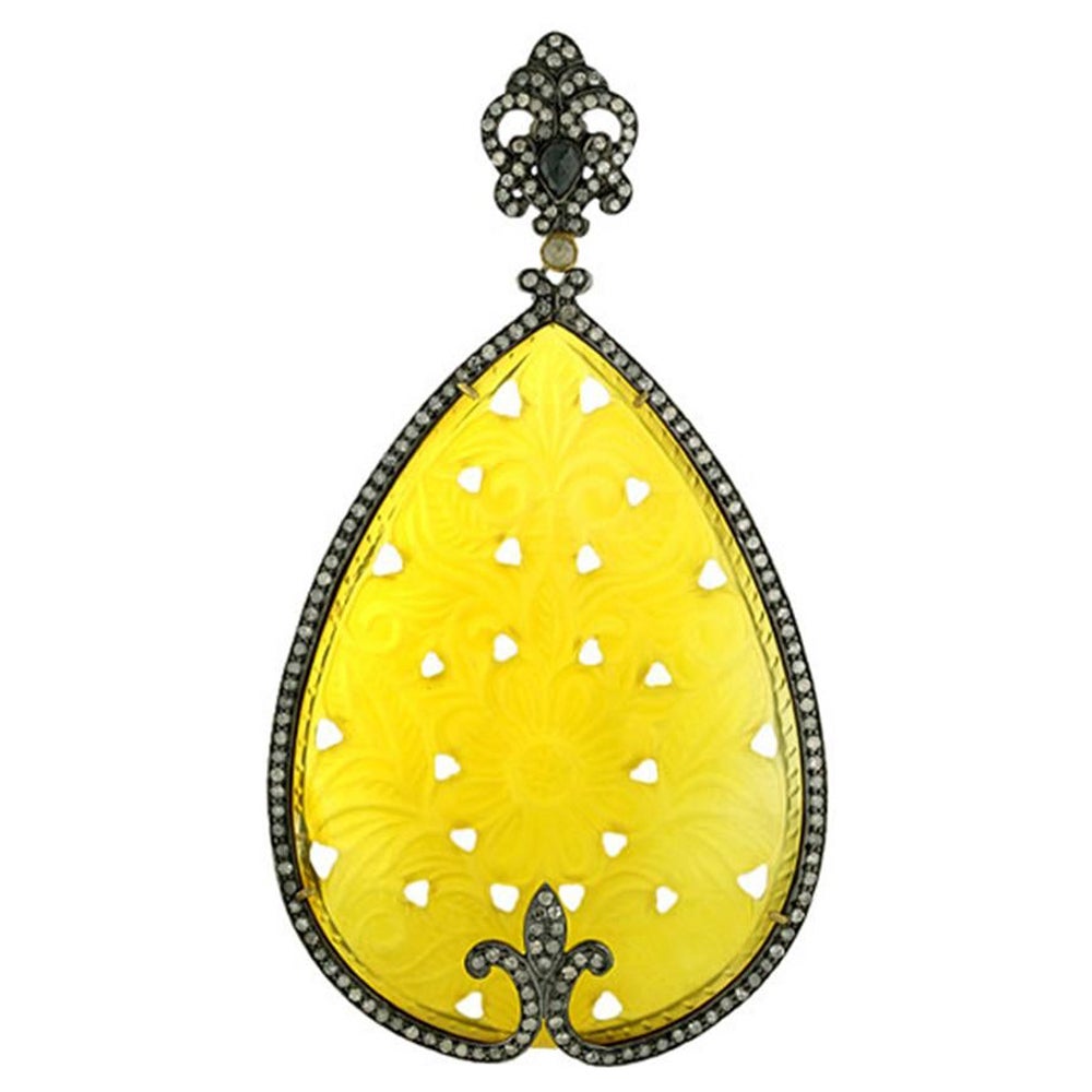 Carved Pear Shape Agate Stone Pendant with Pave Diamonds in Gold & Silver For Sale