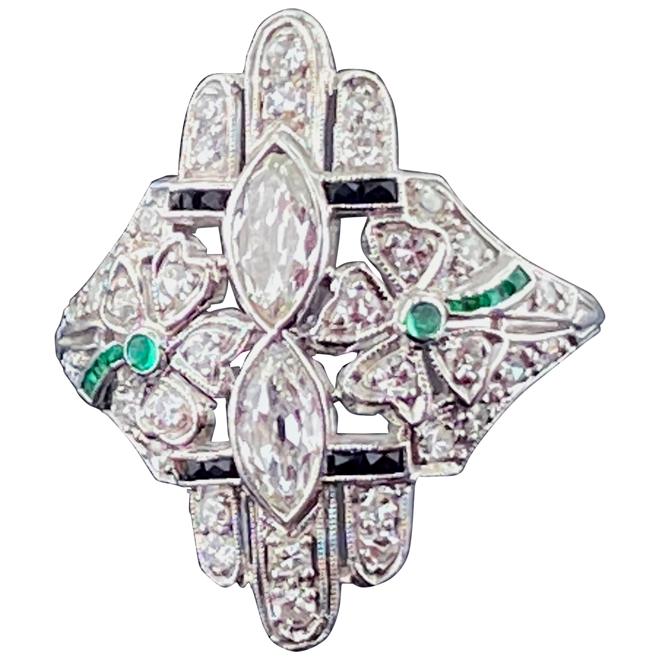 Platinum 2 Center Marquise Cut Diamonds Art Deco Ring, Circa 1920 For Sale