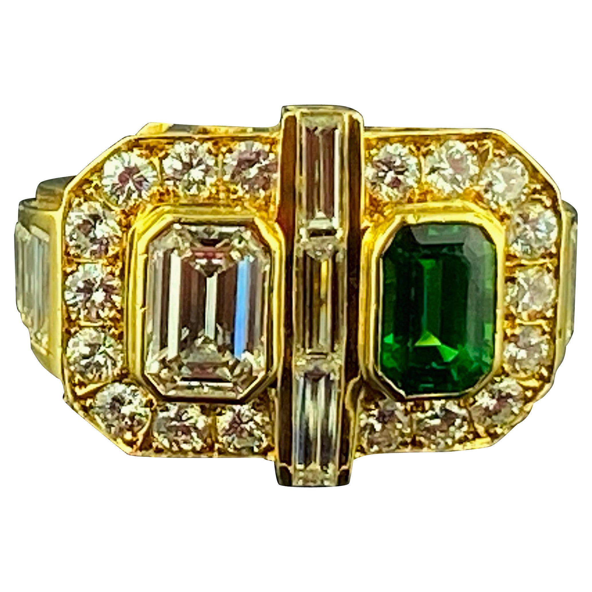 Emerald Cut Diamond, Tsavorite and Diamond Ring in Yellow Gold