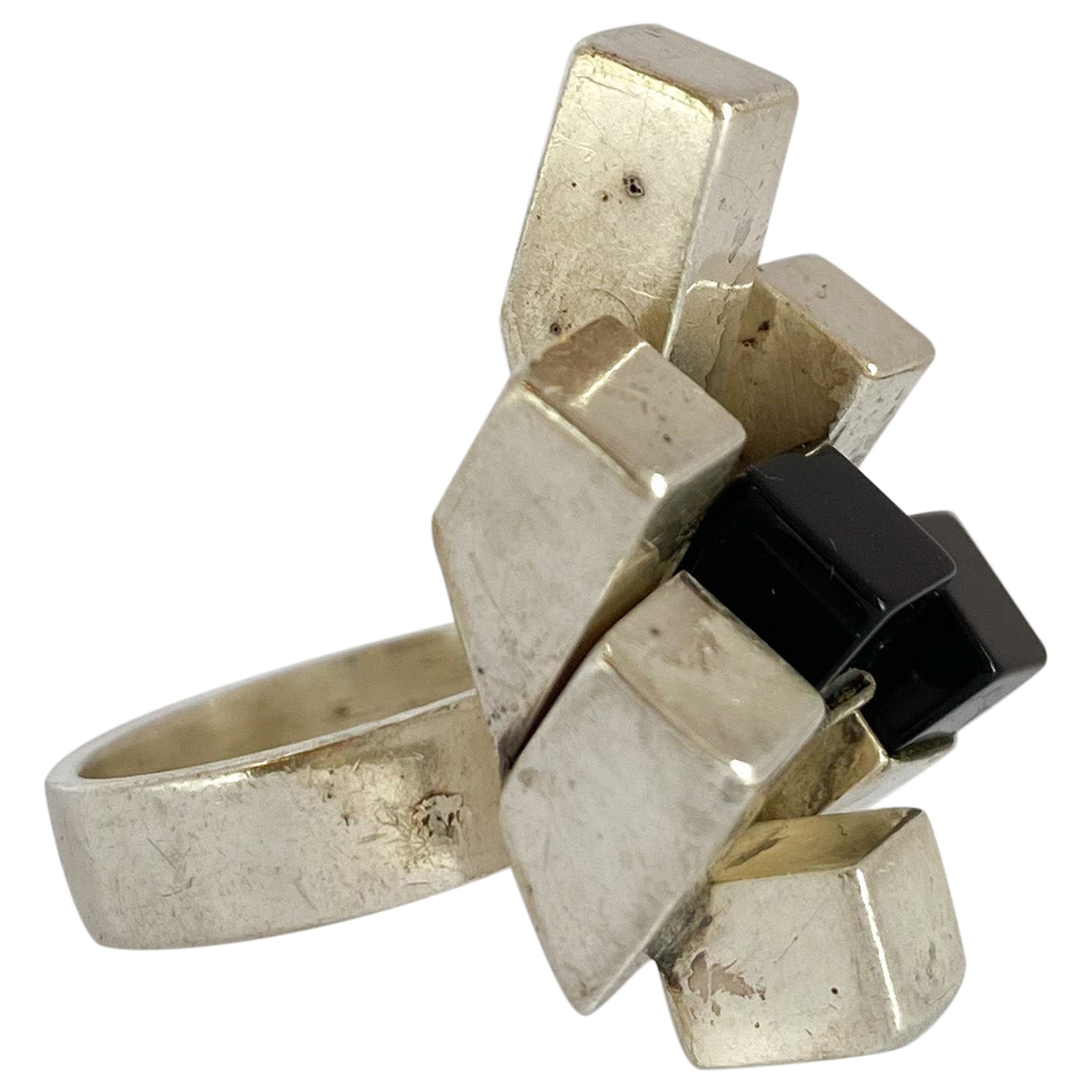 925 Sterling Silver and Onyx Stone Ring Kaunis Koru Oy Helsinki Finland For Sale