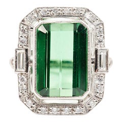 9.96 Carat Green Emerald Cut Tourmaline and Diamond Platinum Cocktail Ring