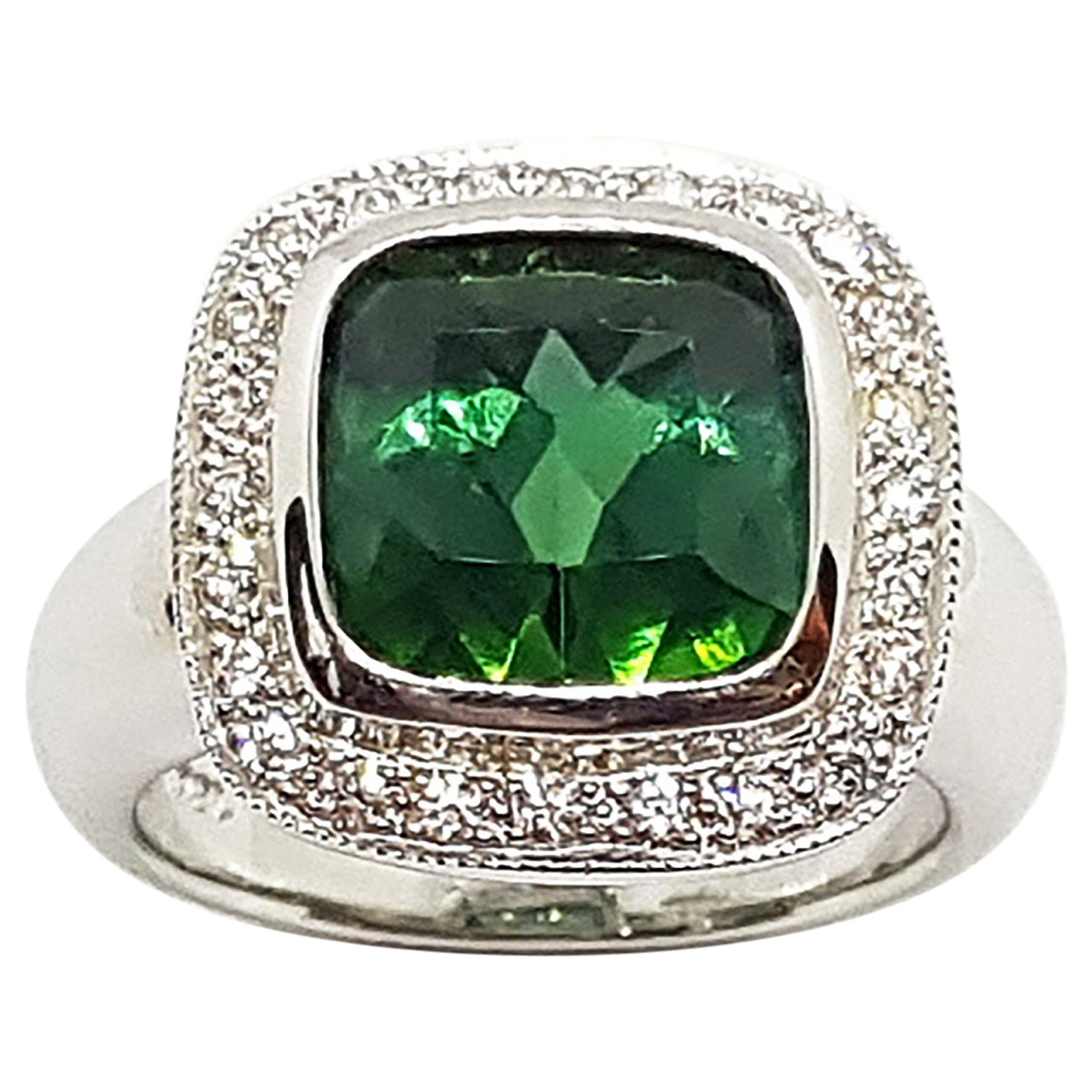Green Tourmaline with Diamond Ring Set in 18 Karat White Gold Settings For Sale