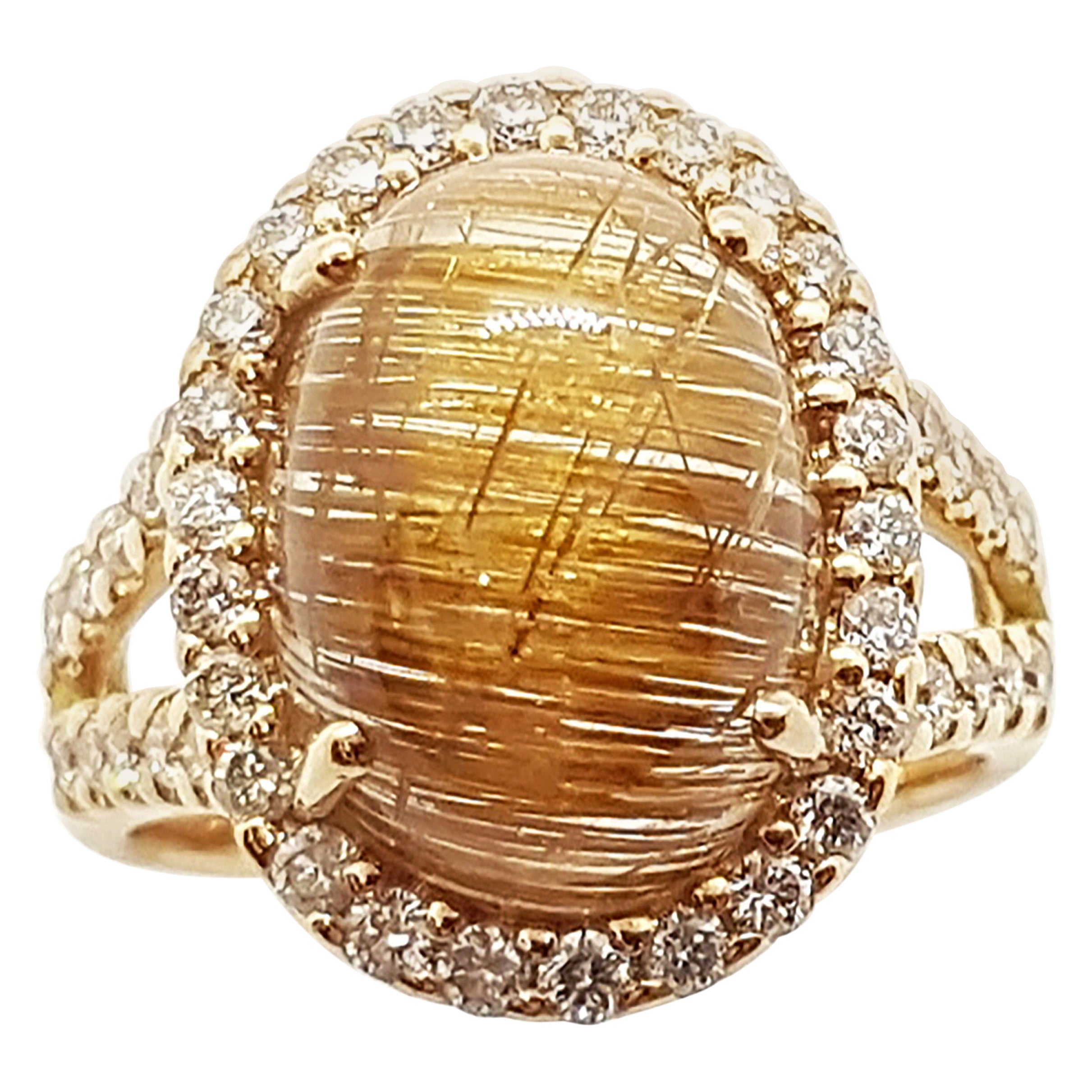 Rutilated Quartz with Brown Diamond Ring Set in 18 Karat Rose Gold Settings For Sale