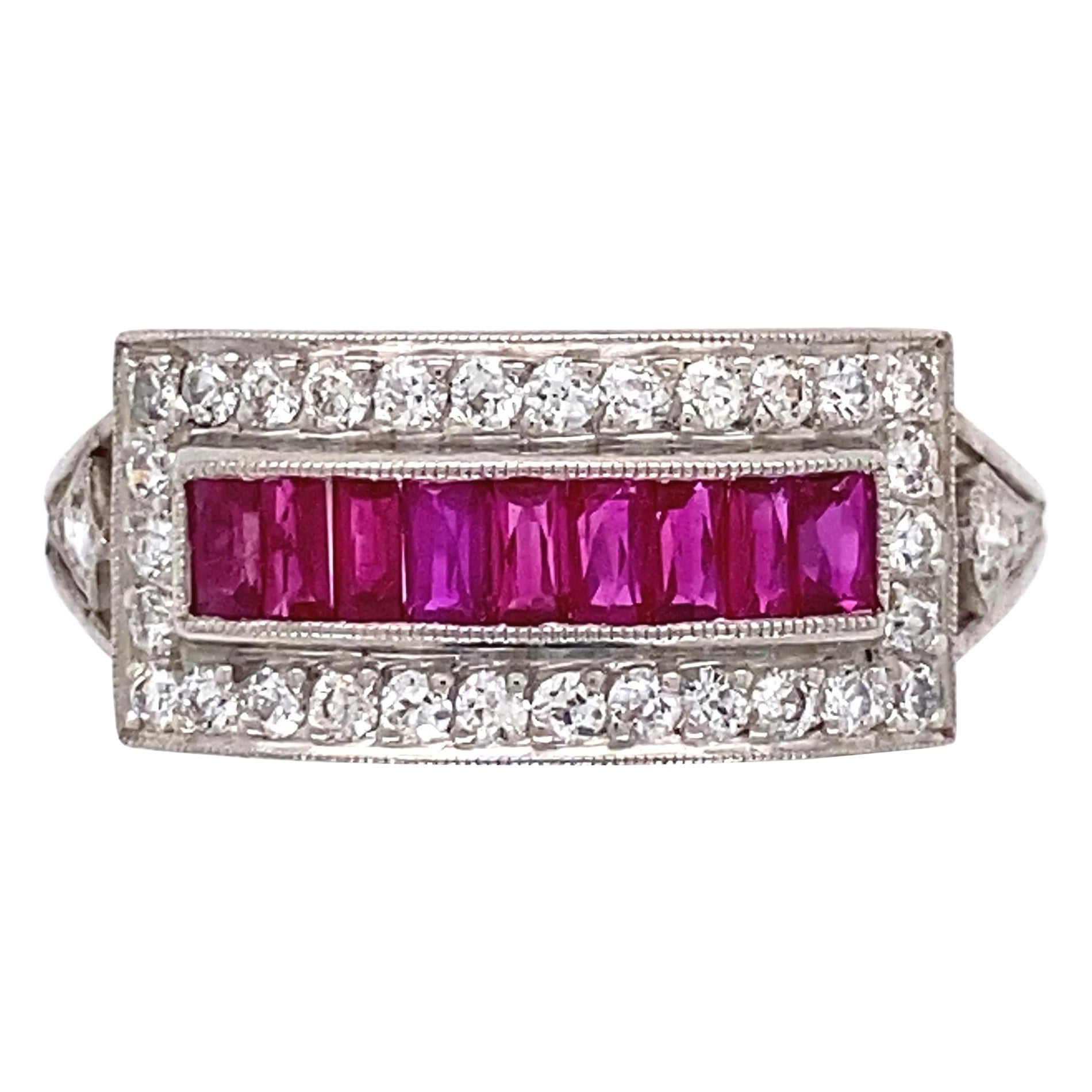 Ruby and Diamond Platinum Band Cocktail Ring Estate Fine Jewelry