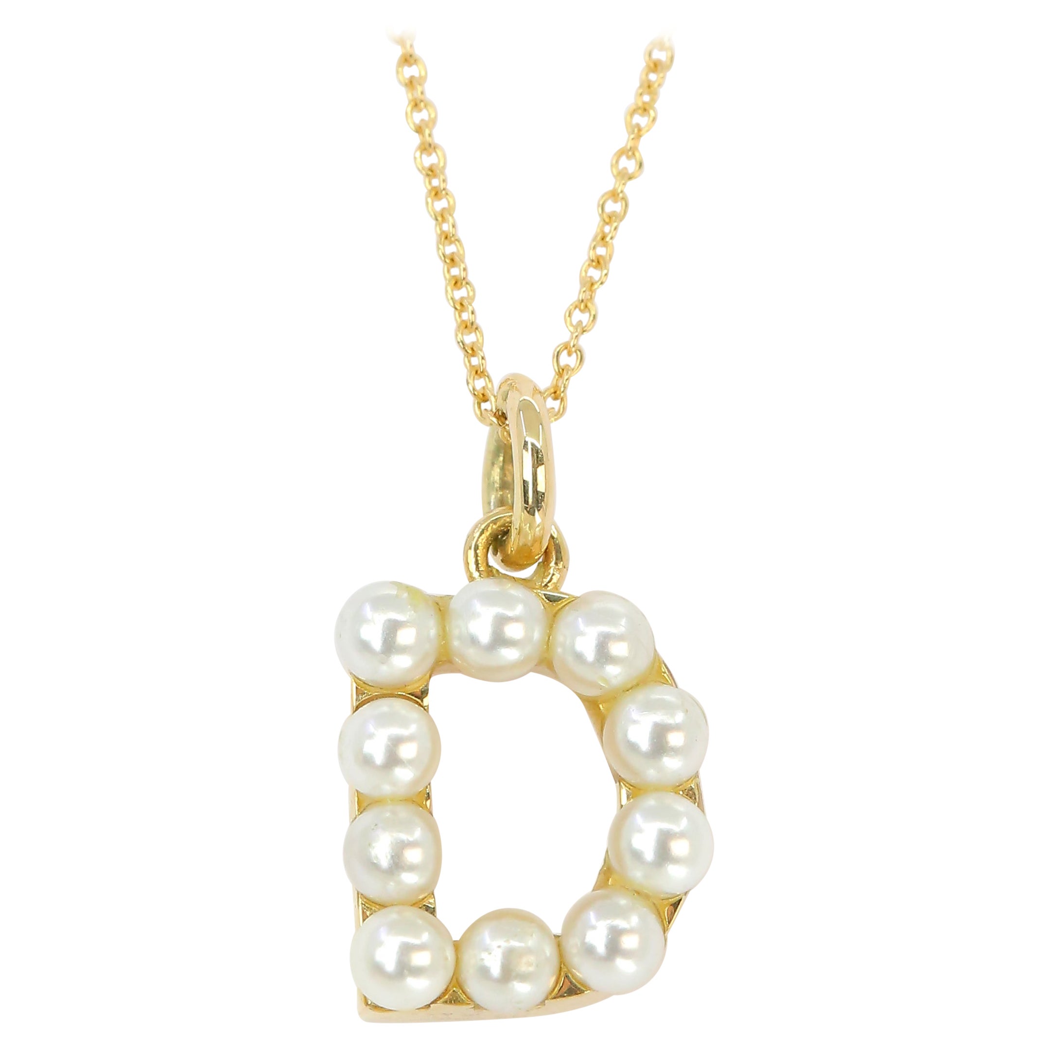 14K Gold and Pearl Initial Letter D Necklace For Sale