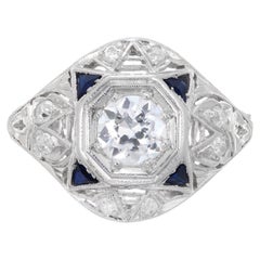 Antique .60 Carat Diamond Blue Sapphire Platinum Dome Triangle Ring