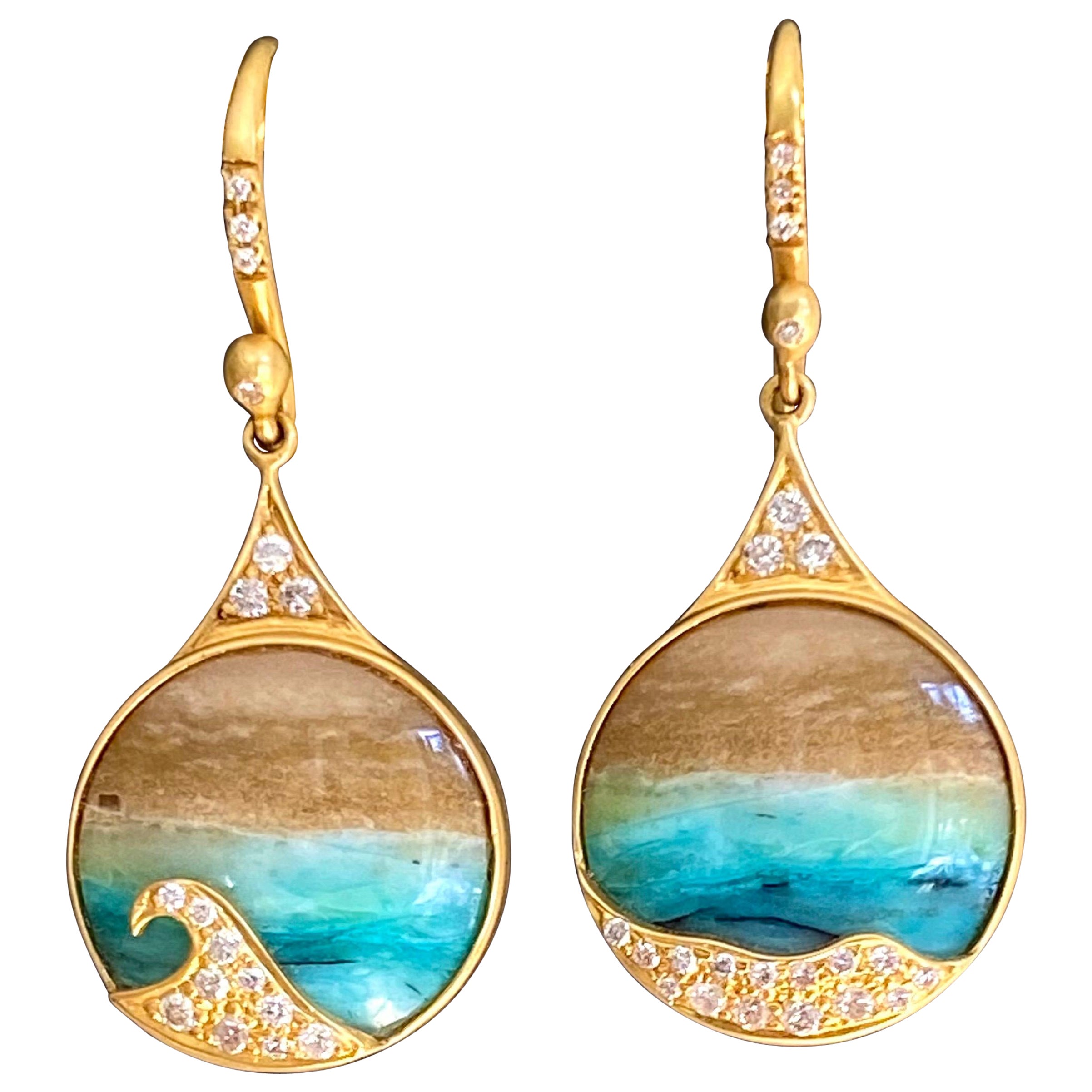 Opalized Wood, Diamonds, 18kt Gold Earrings by Lauren Harper