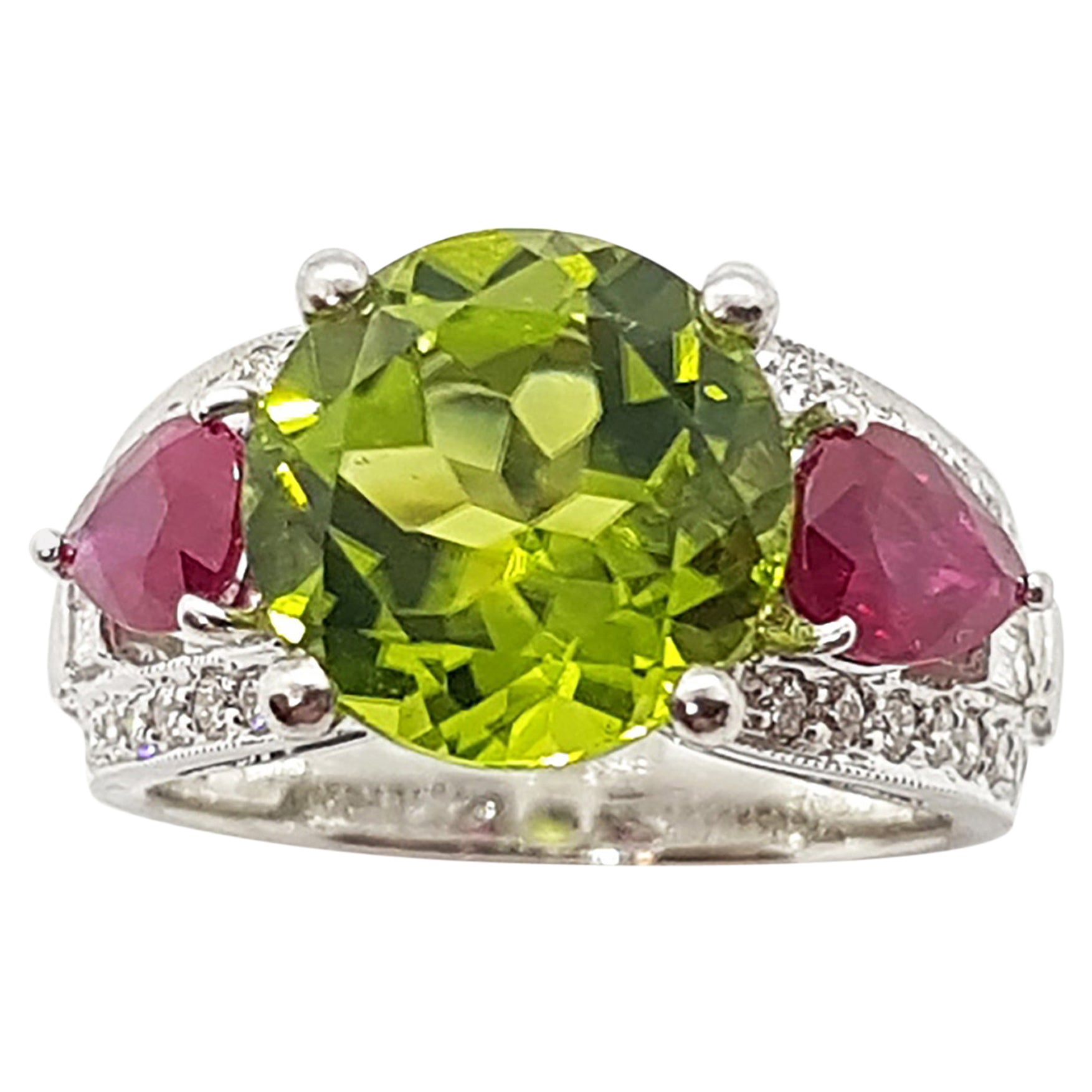 Peridot with Ruby and Diamond Ring Set in 18 Karat White Gold Settings For Sale