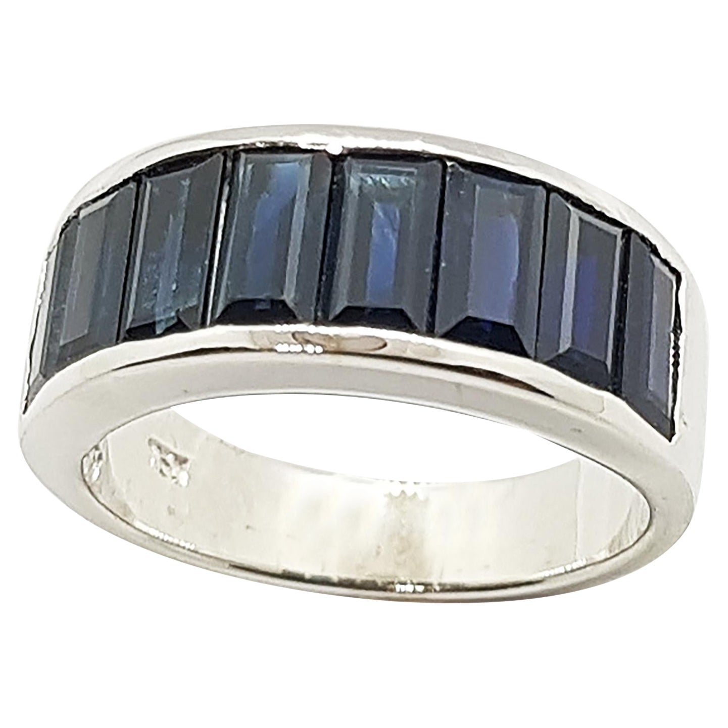Baguette Blue Sapphire Band Ring Set in 18 Karat White Gold Settings For Sale