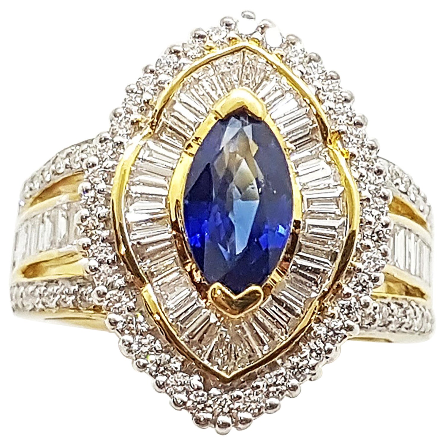 Blue Sapphire with Diamond Ring set in 18 Karat Gold Set For Sale