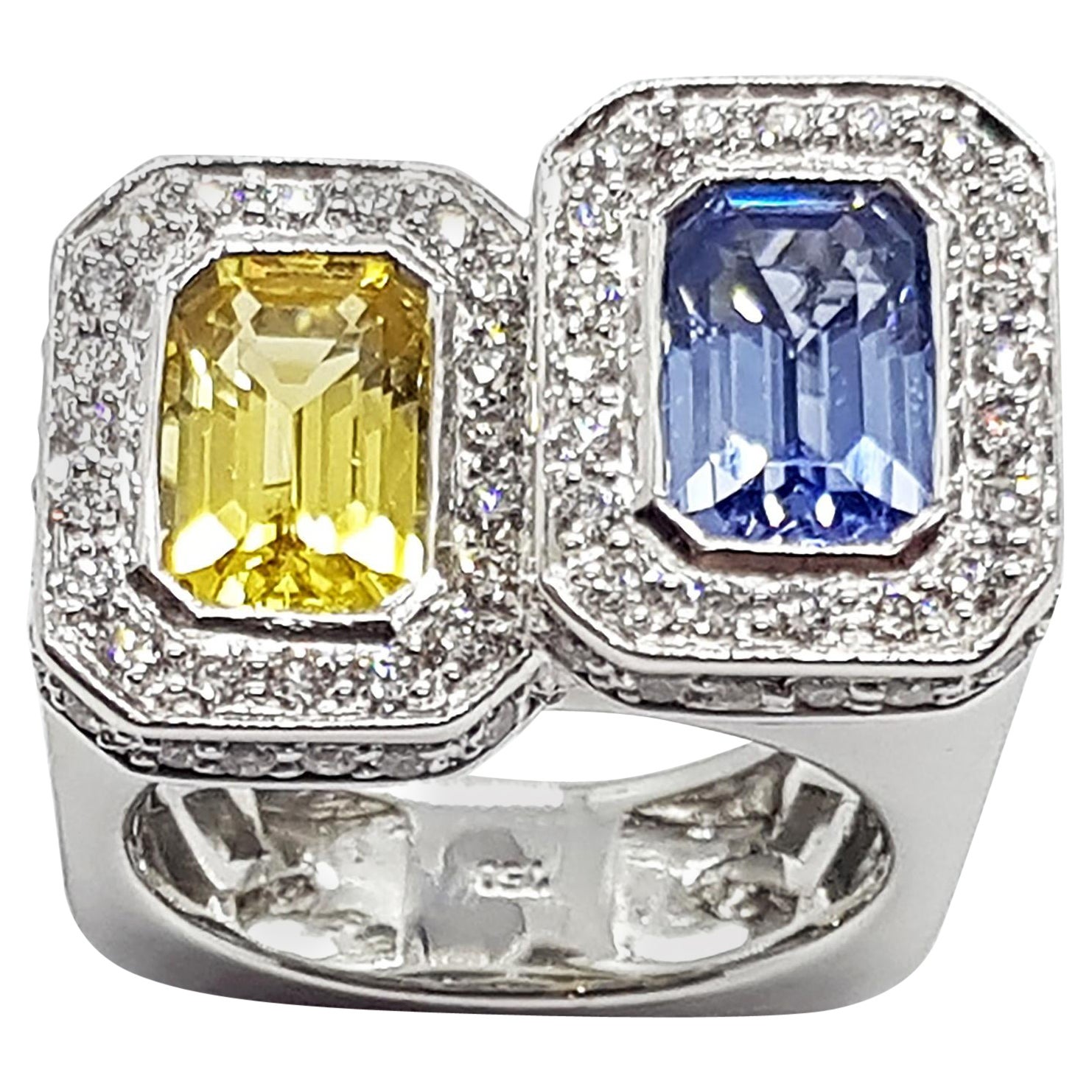 Bague en or blanc 18 carats sertie de saphirs bleus et de saphirs jaunes et de diamants 