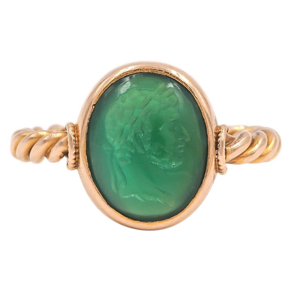 Victorian Carved Chalcedony Intaglio 18 Karat Yellow Gold Ring