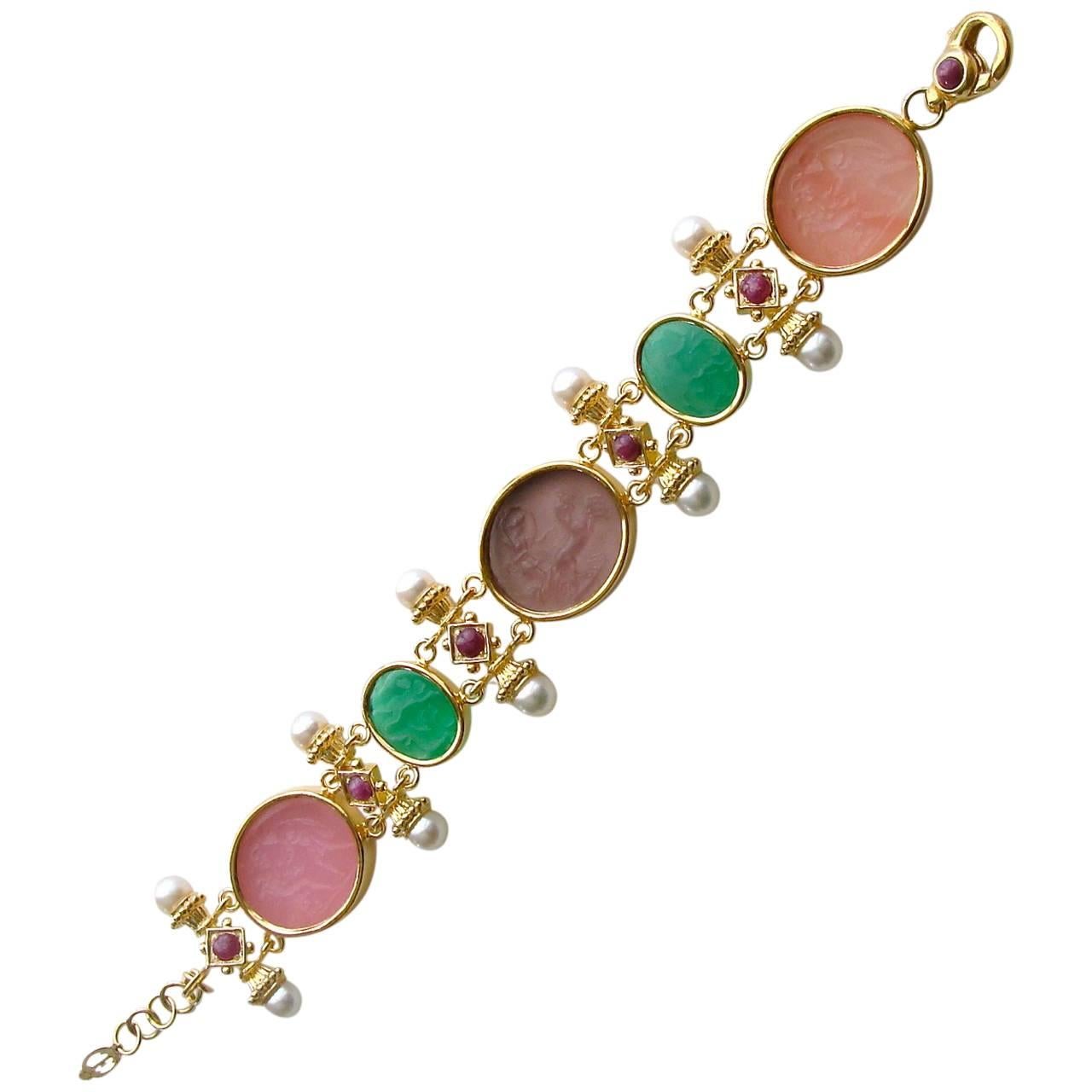 Venetian Glass Intaglios Pearls Rubies Bracelet