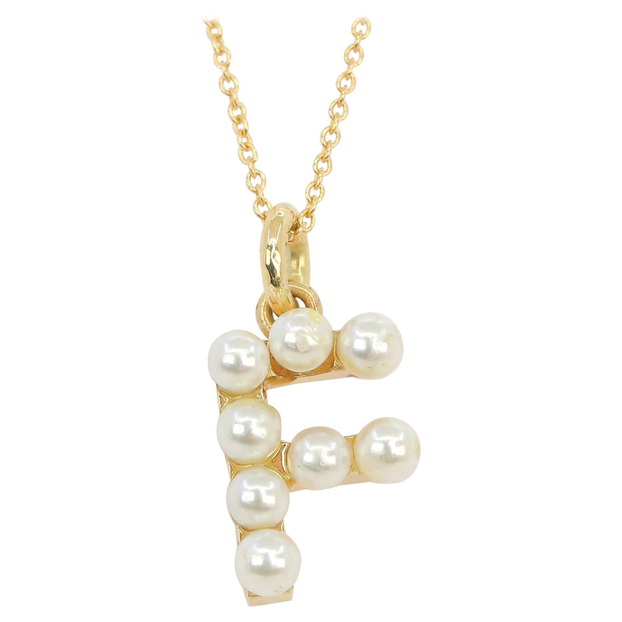 14K Gold and Pearl Initial Letter F Necklace