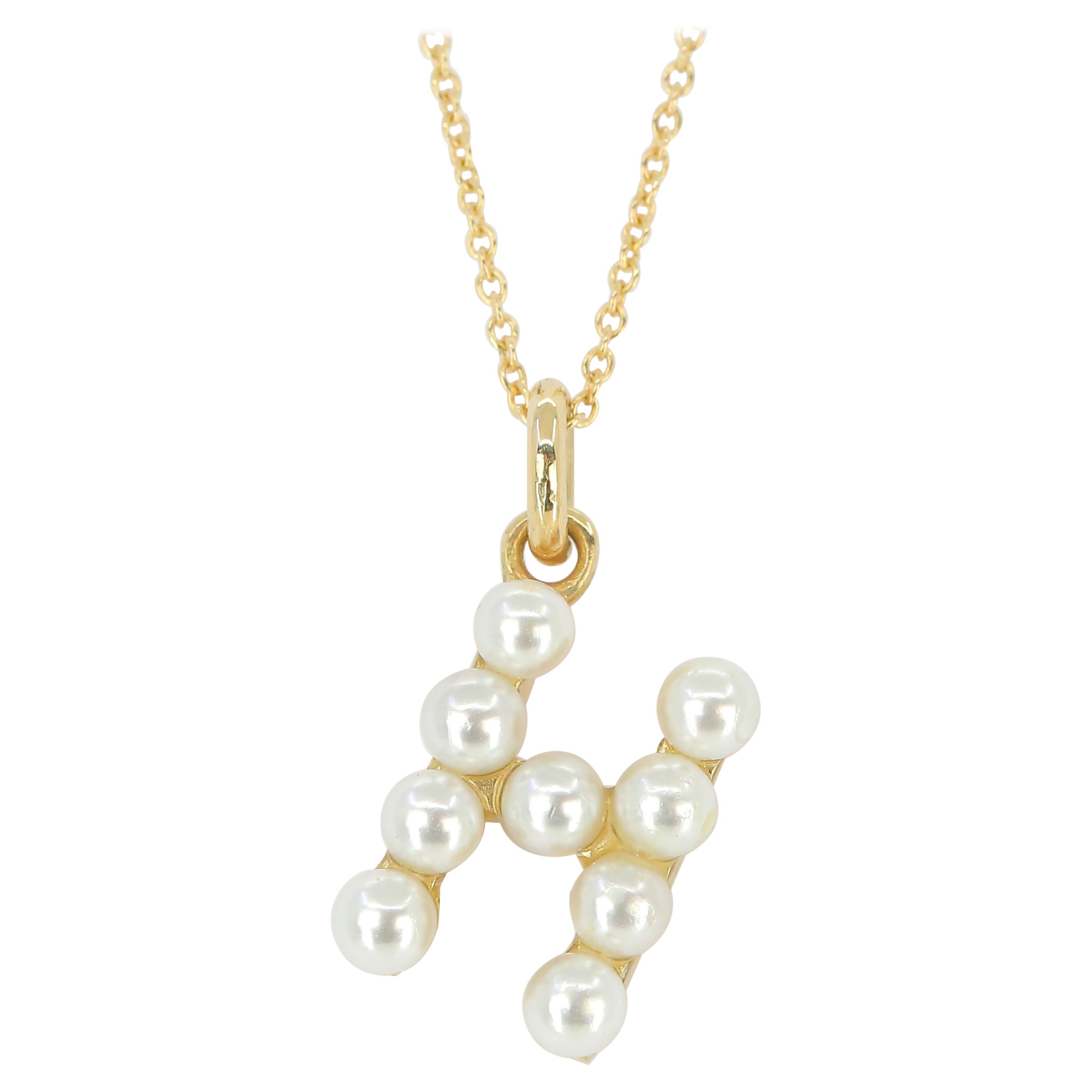 14K Gold and Pearl Initial Letter H Necklace For Sale