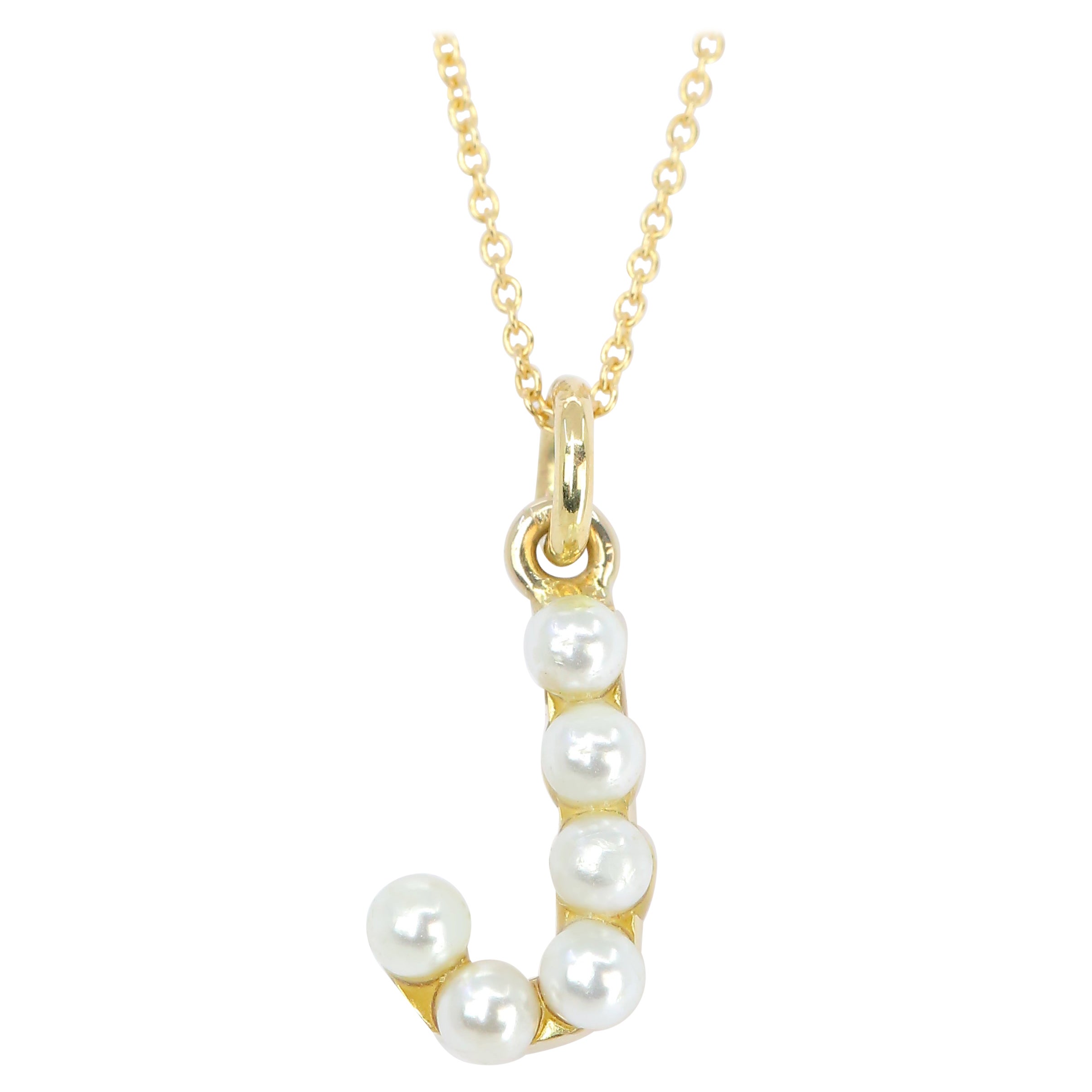 14K Gold and Pearl Initial Letter J Necklace For Sale